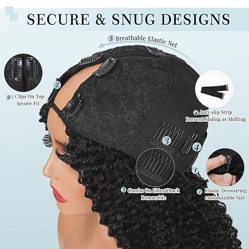 Miniatura 7 de Abijale Pelucas de Cabello Humano Rizado Birmano con Parte en V Densidad del 200% Actualización Pelucas de Cabello Humano con Parte en U con Cordón