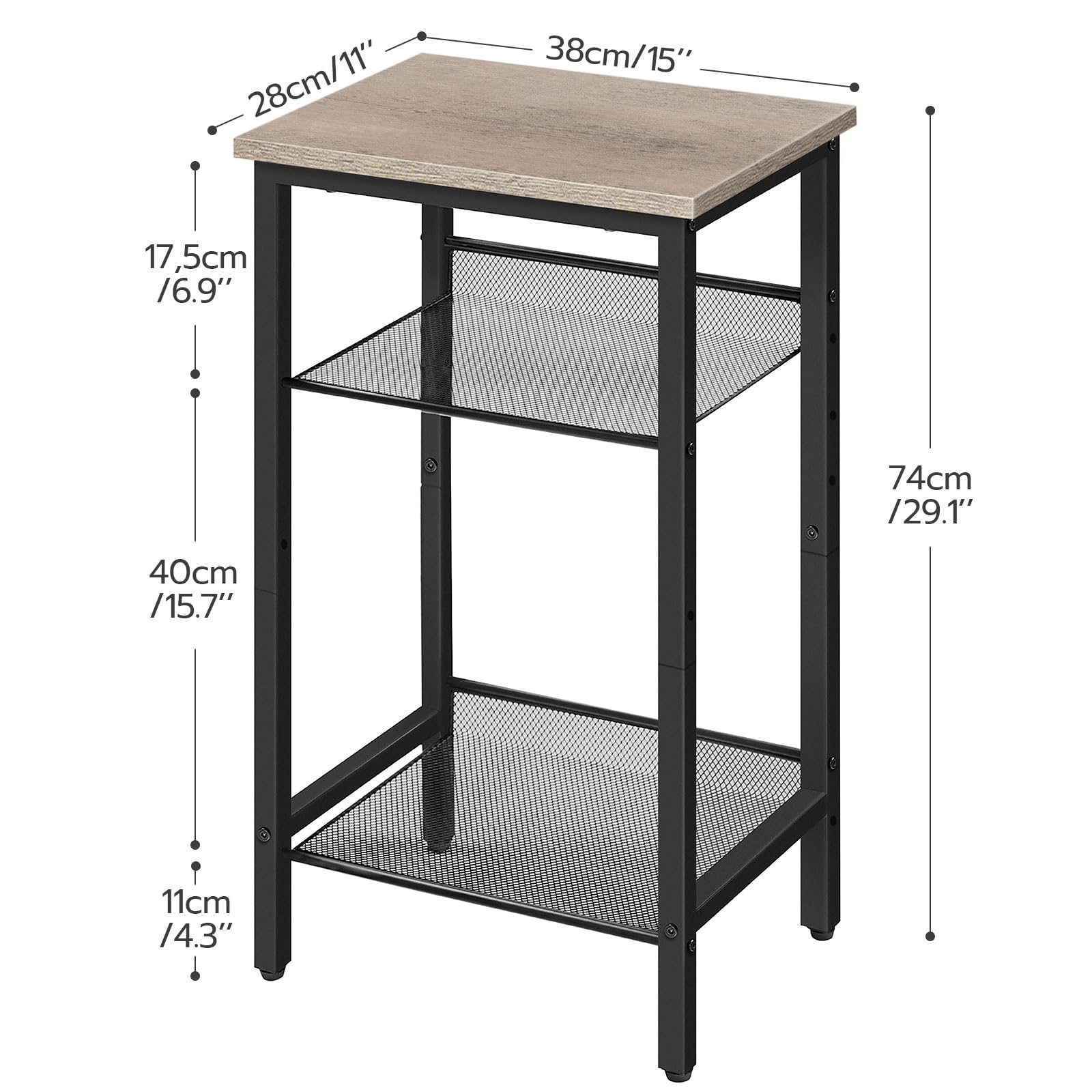 HOOBRO Stolik pomocniczy, stolik pod telefon z 2 regulowanymi półkami z kratki, 38 x 28 x 74 cm, stolik do sofy, stolik kawowy, wzornictwo przemysłowe, kolor szary (greige-black) EBG01DH01G1