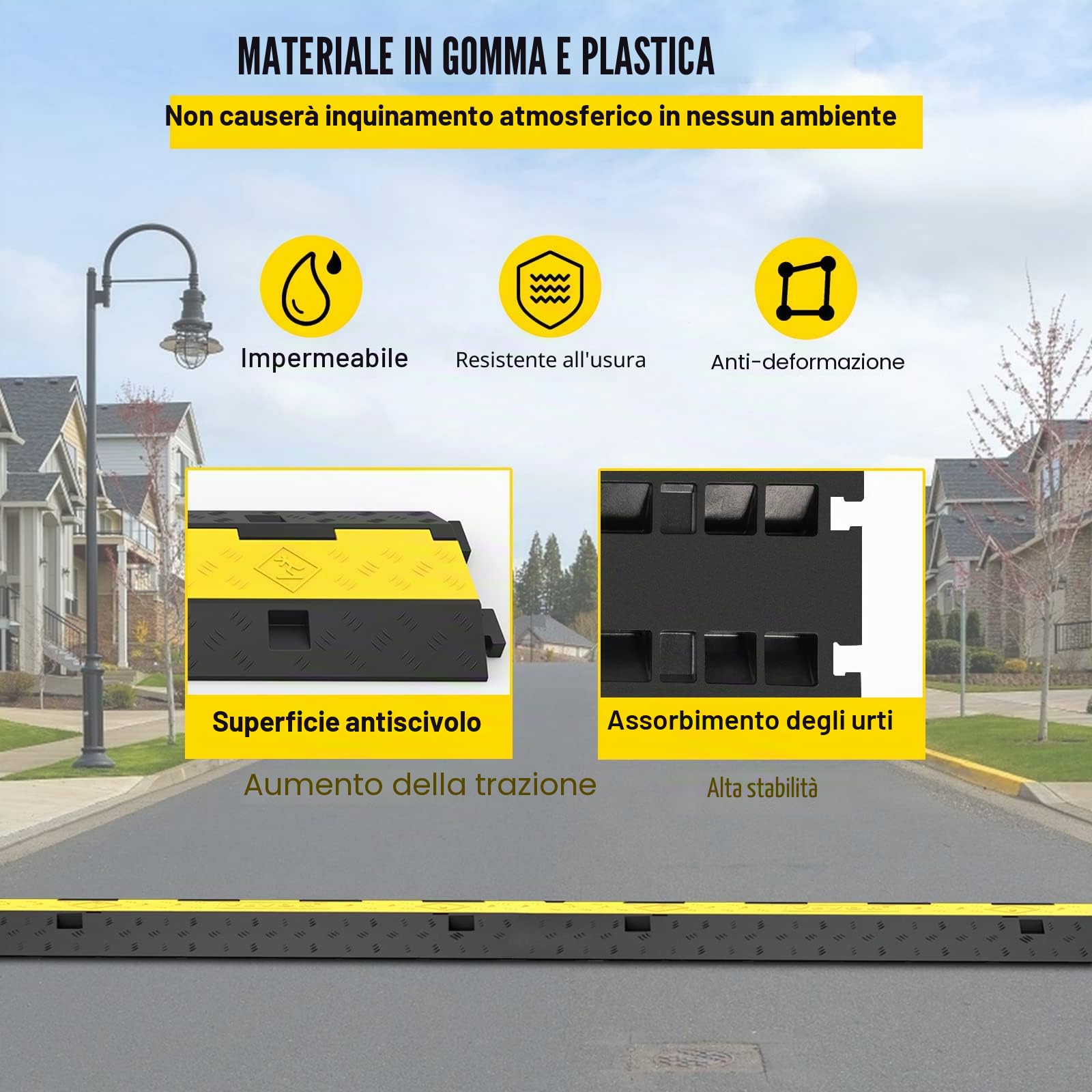 VEVOR Rampa Modulare per Condotto 2 Canale, Protezione Cavo in Gomma e PVC Carico 4.989 kg, Rampa di Protezione per Cavi in Nero Giallo da 4 Pezzi Uso in Parcheggi, Magazzini, Palchi, Scuole, Hotel