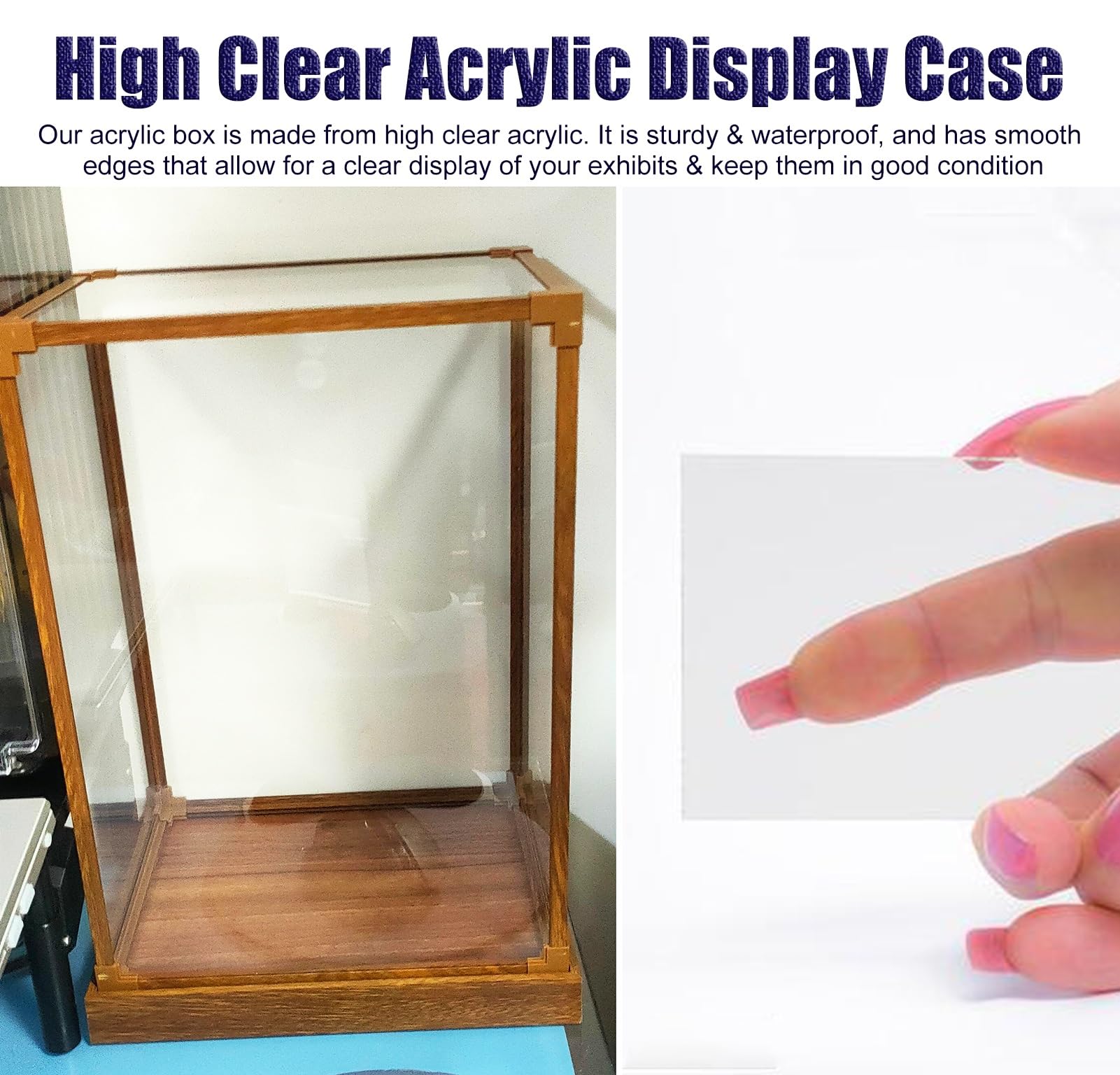 Vitrina de Acrílico Vitrina Expositora Alta de Acrílico Transparente con Base de Madera, Armario Organizador con Marco de Acabado en Madera, Vitrina para Trofeos, Figuras(L25xW35xH60cm/10x14x24")