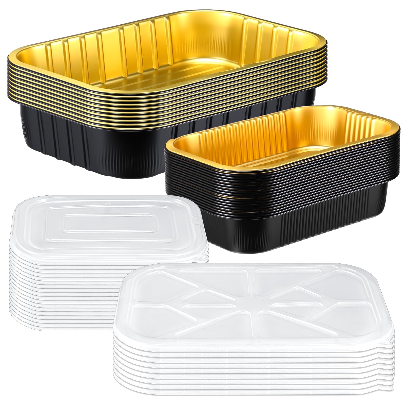 Funnymoom Paquete de 30 sartenes de aluminio con tapas, incluye 10 unidades de mesa de vapor de horno de tamaño medio de 10 x 13 pulgadas, bandejas de papel de aluminio de aluminio, paquete de 20