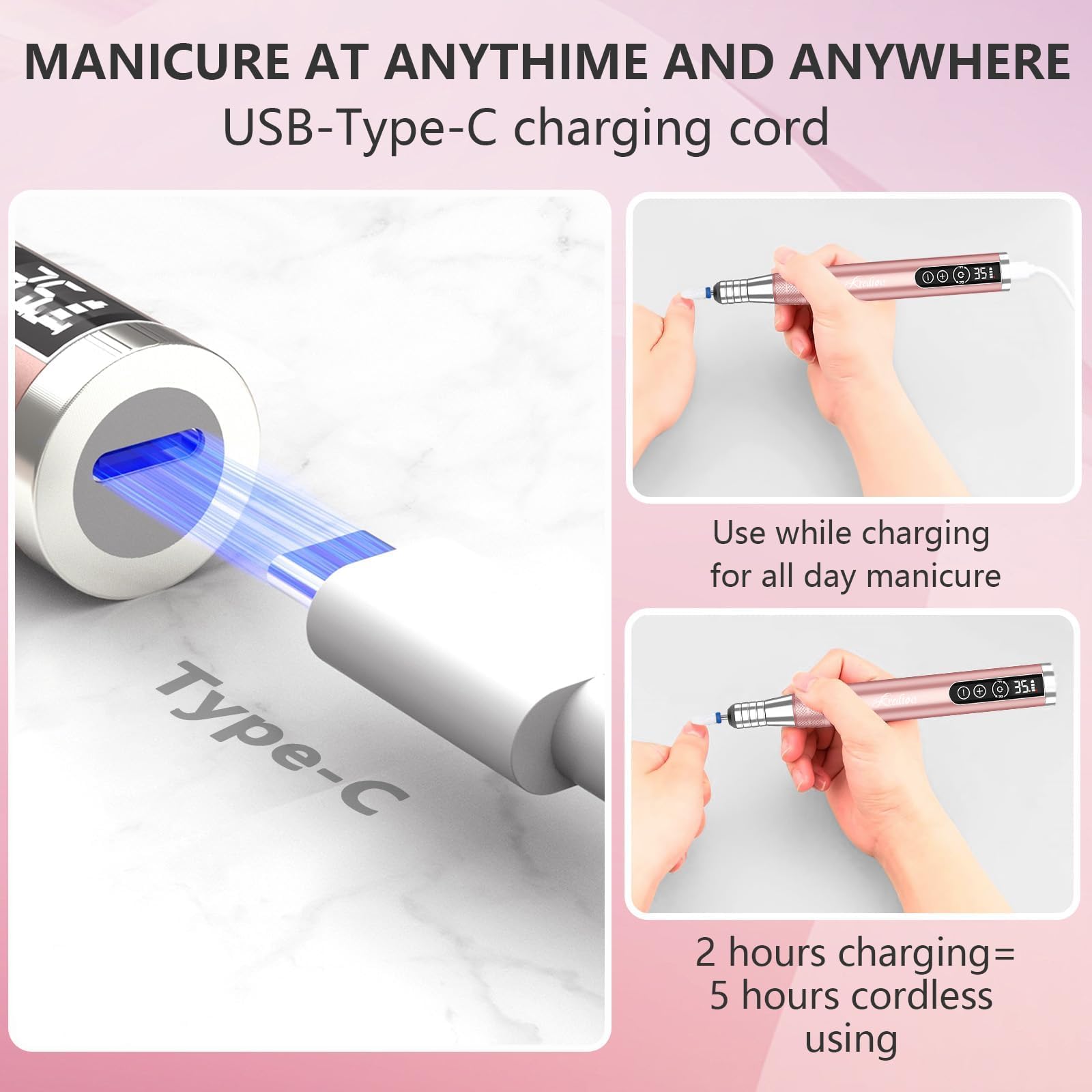 Kredioo Torno para Uñas Profesional, Inalámbrico Recargable 35000 RPM | Velocidad Ajustable, Recargable Lima Electrica Uñas, Lápiz Manicura y Pedicura, Pulidor Portatil, Kit con 6 Brocas