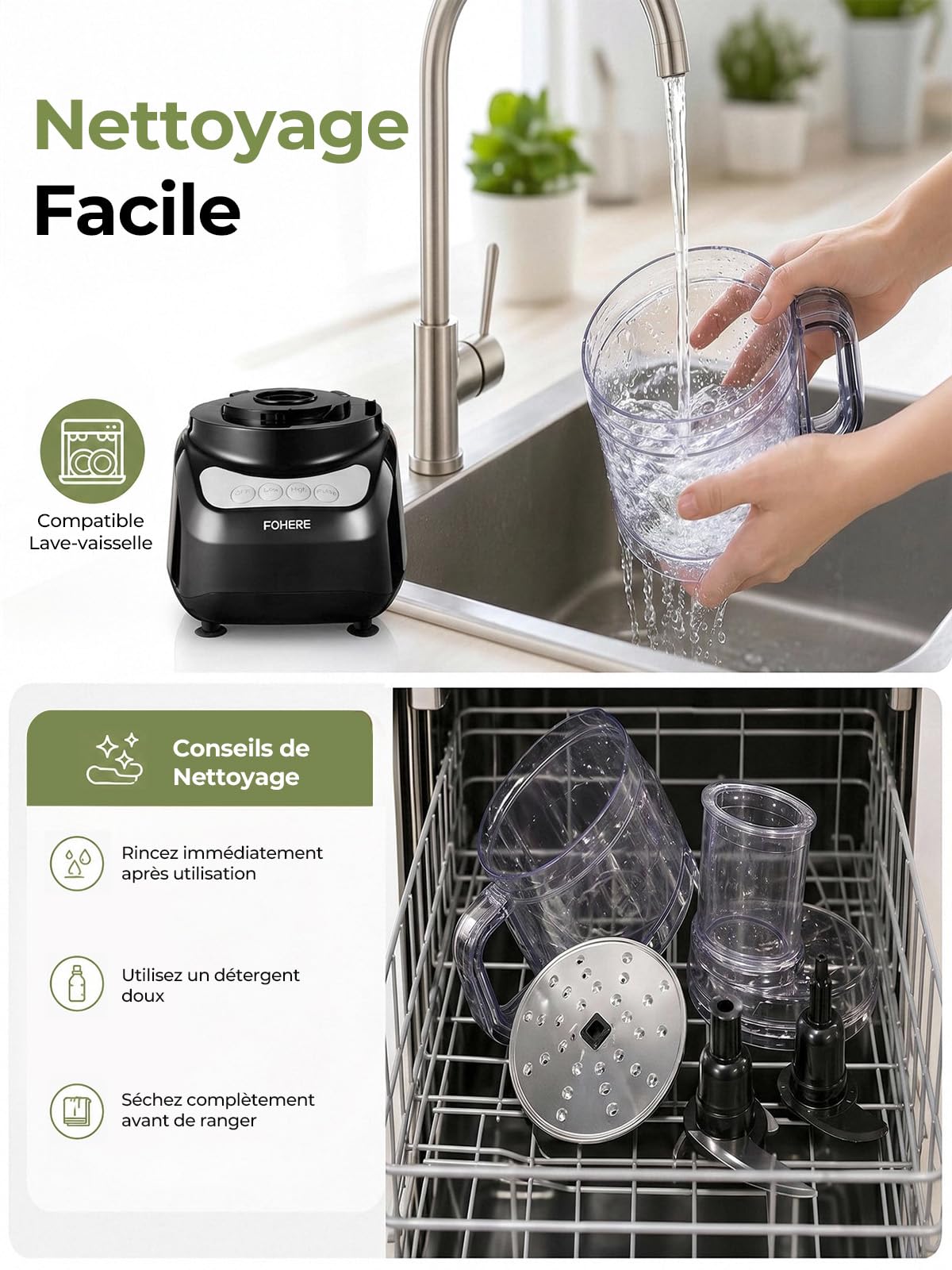 FOHERE Robot de Cuisine 2,3 L, Large 2-en-1 Goulotte, Robot Multifonction