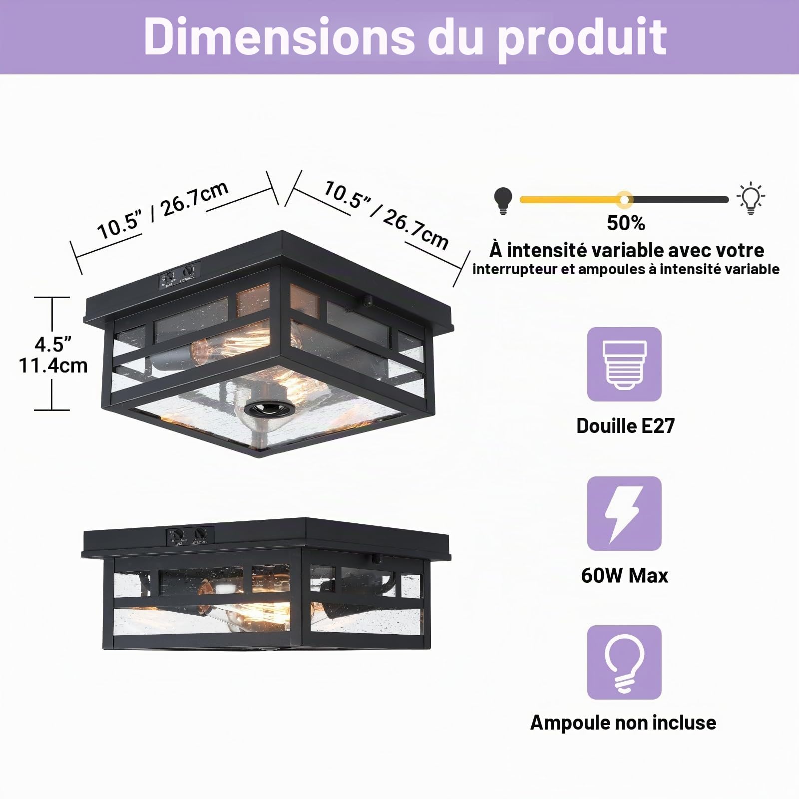CALOKES Plafonnier d’extérieur avec détecteur de mouvement, design industriel intemporel et verre clair à bulles – pour porche, allée, terrasse couverte, maison de campagne et entrée.