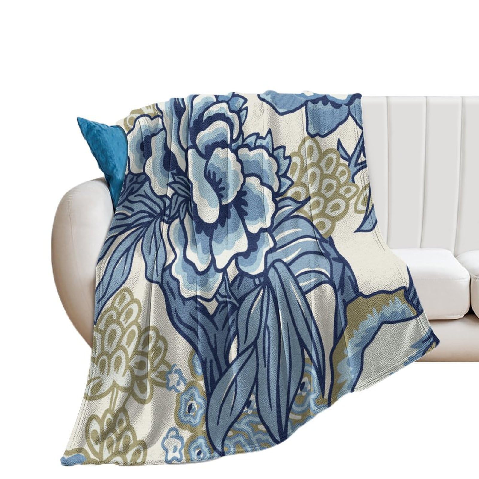 Jeté de lit en flanelle anti-froid 178x203cm plaid chaud floral bleu kaki
