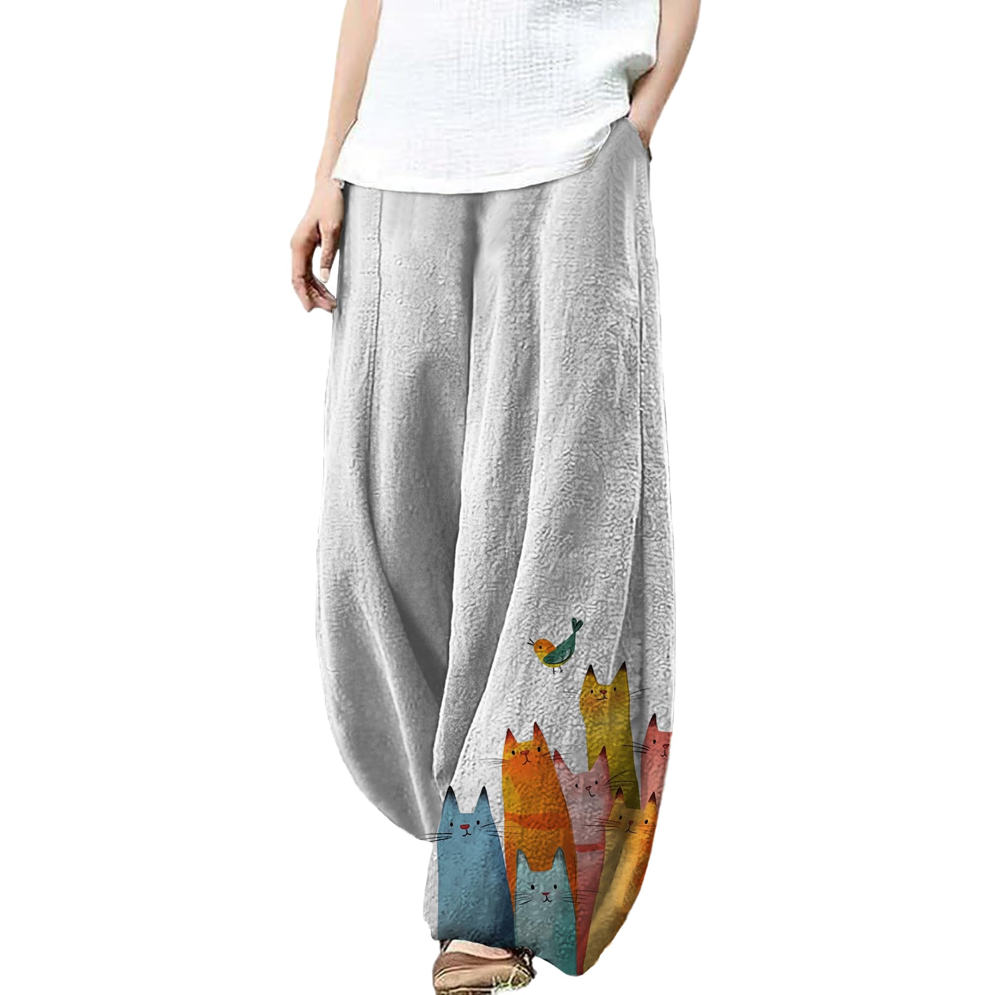 MARSVOVO Wide Leg Pants Woman Lounge Casual Cute Print Harem Pants Plus Size Elastic Travel Palazzo Pants with Pockets