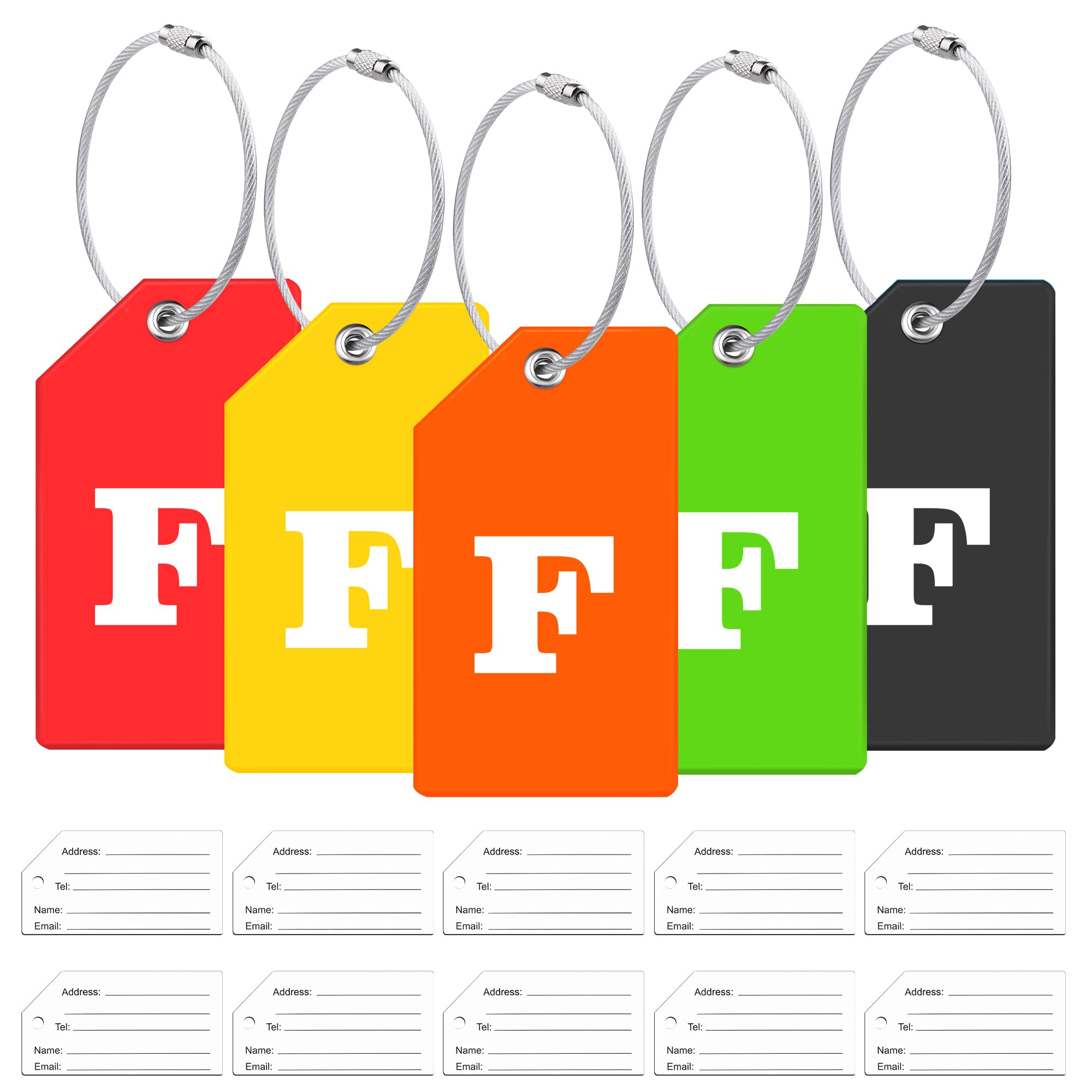5Pack Initial Silicone Luggage Tag with 10 Name ID Cards Perfect to Quickly Spot Luggage Tags for Suitcases Partial Privacy Cover & Stainless Steel Loops for Secure Fastening