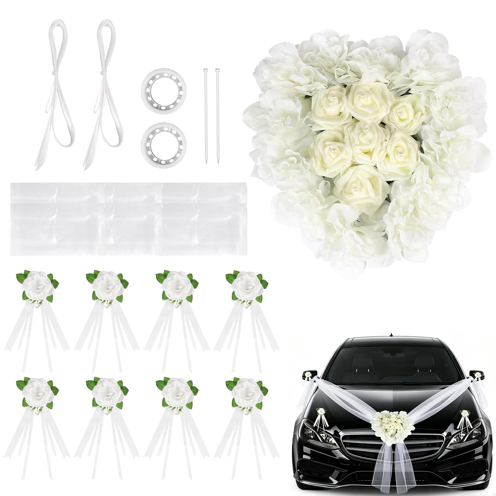 Set di decorazioni per auto per matrimonio, cofano di nozze, fiori artificiali bianchi, set di decorazioni per auto con 1 ghirlanda di cuori, 8 fiori, 2 tulle da 1,8 m, ecc., decorazione per auto per