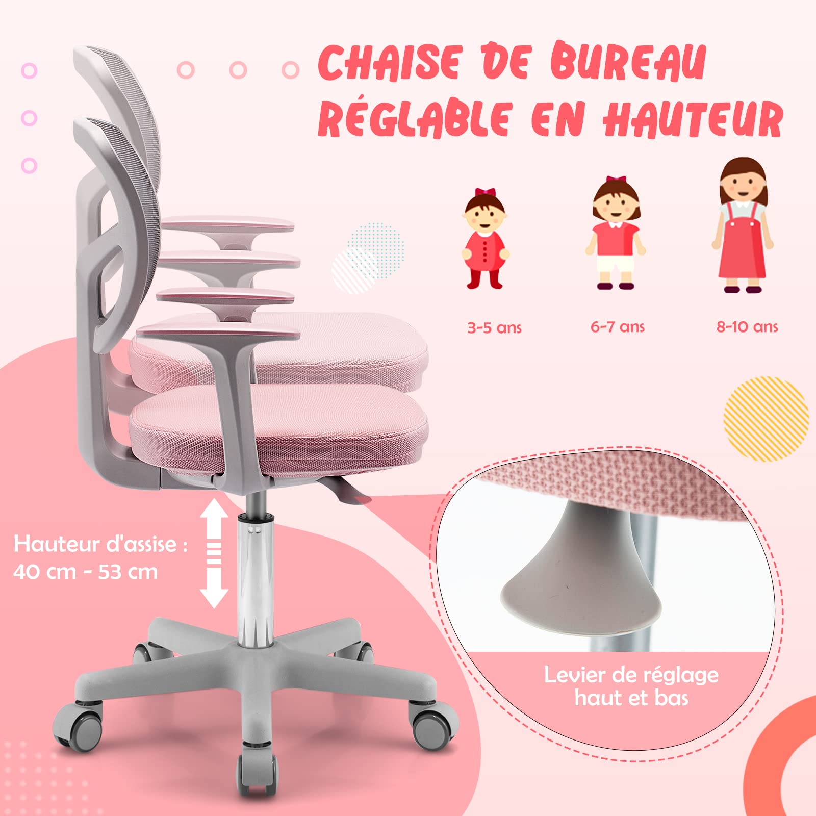 COSTWAY Chaise de Bureau Pivotante Enfants avec Hauteur Réglable 80-91,5cm, Siège à roulettes Enfants avec Dossier & Accoudoirs Ergonomique, Coussin Amovible, Charge 150kg pour 3-10 Ans