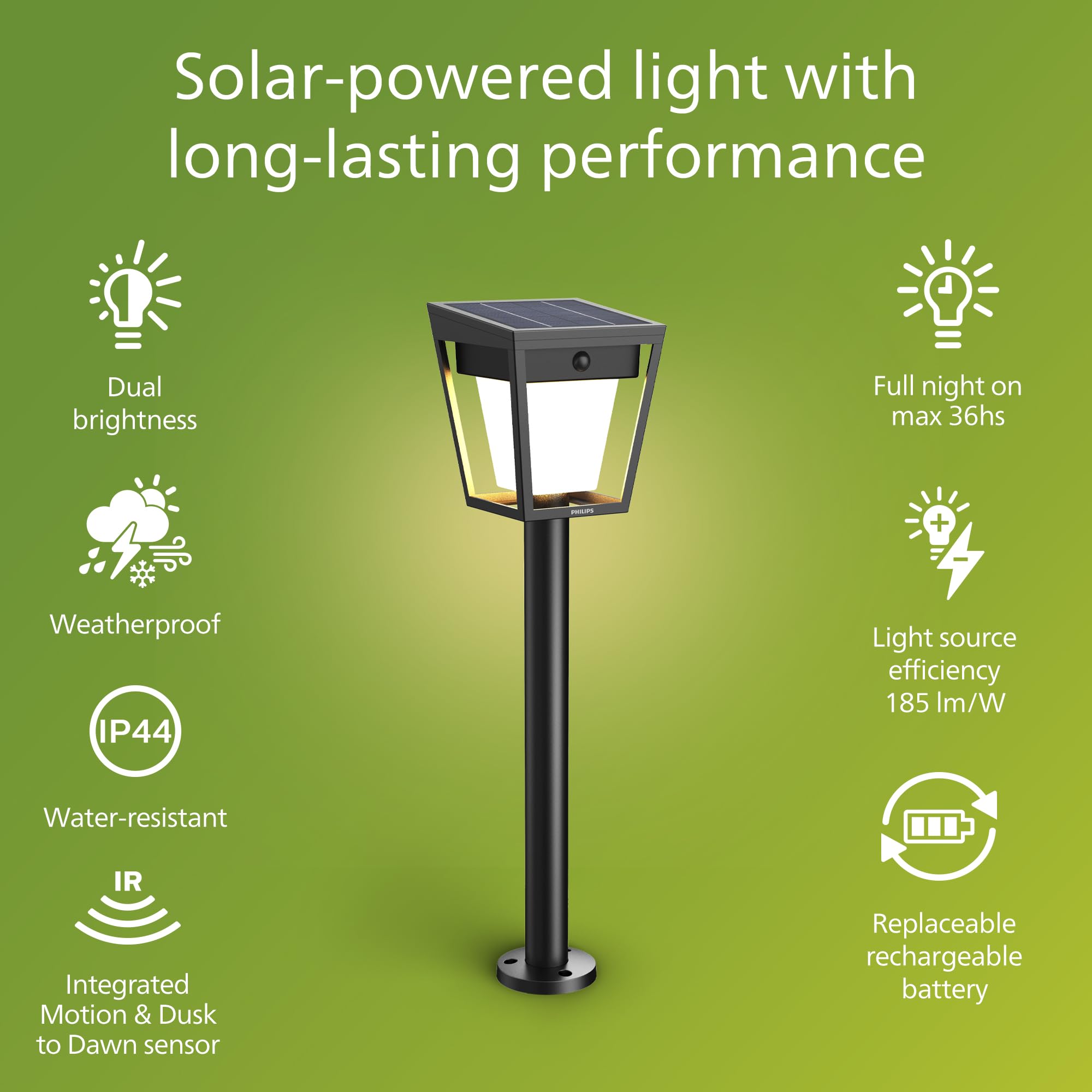 PHILIPS Nissa UltraEfficient Outdoor Solar Pedestal Light with Sensor, 3000K, 250/25lm, Black - Image 2