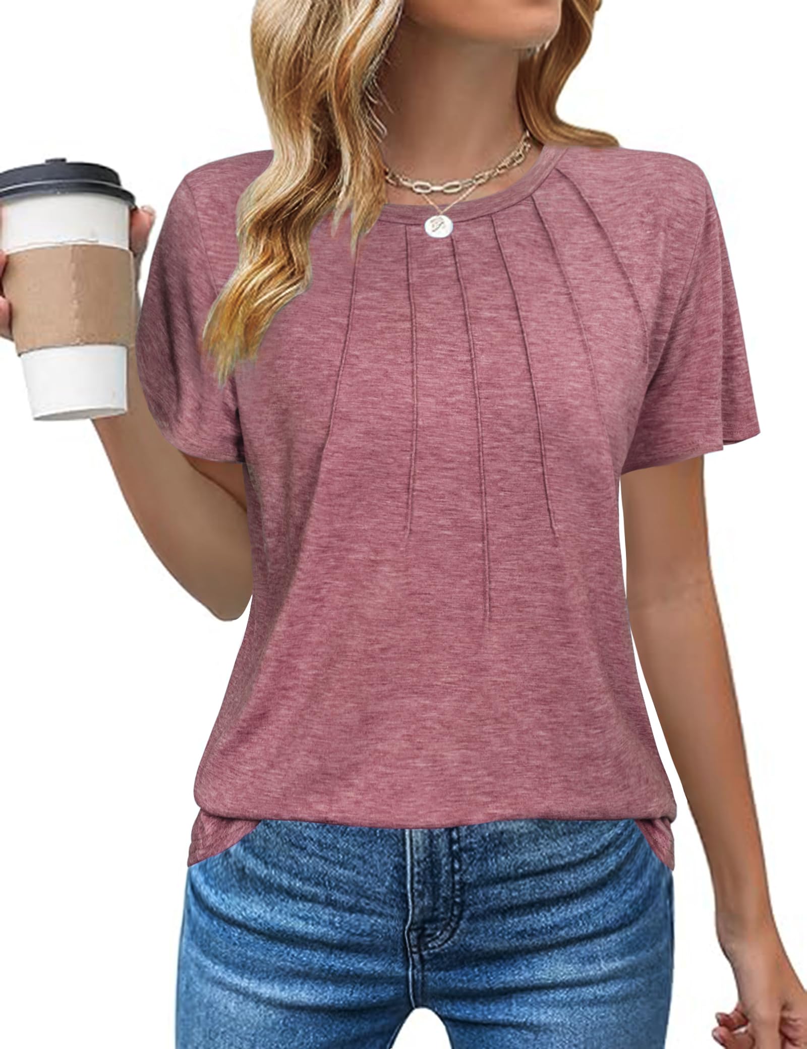 Gyabnw Basic Shirt Damen Oberteile Kurzarm Sommer Baumwolle Elegant T-Shirt Rundhals Plissee Top