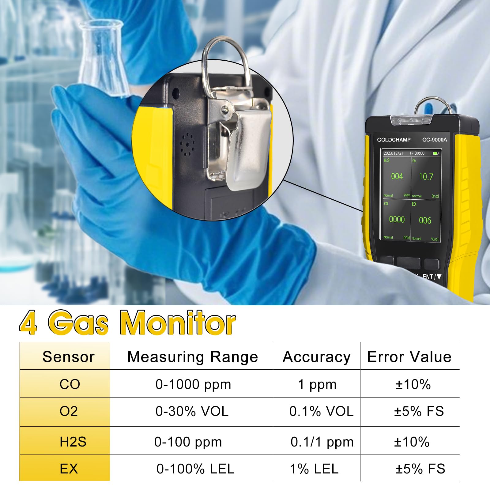 Détecteur de gaz 4 en 1 pour combustible/O2/H2S/CO, alarme son/lumière/vibration et écran LCD détecteurs de fuite de gaz pour la maison + anémomètre portable, 5 unités et interrupteur ℃/℉, testeur de