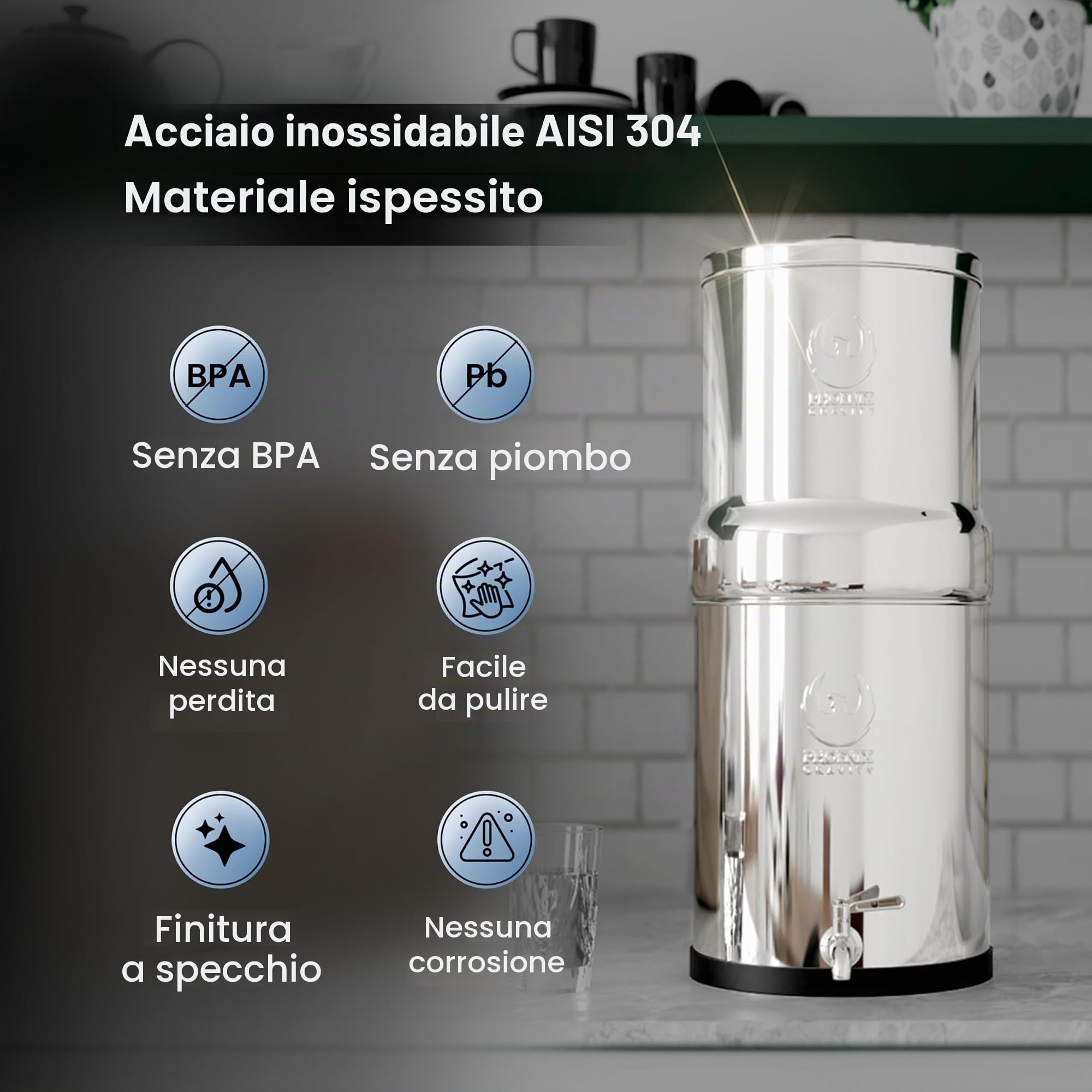 Phoenix Gravity Filtro per acqua potabile in acciaio inossidabile alimentato a gravità + 12 litri certificato NSF AISI 304 sistema di filtraggio dell'acqua da banco con 2 filtri a carbone intelligenti