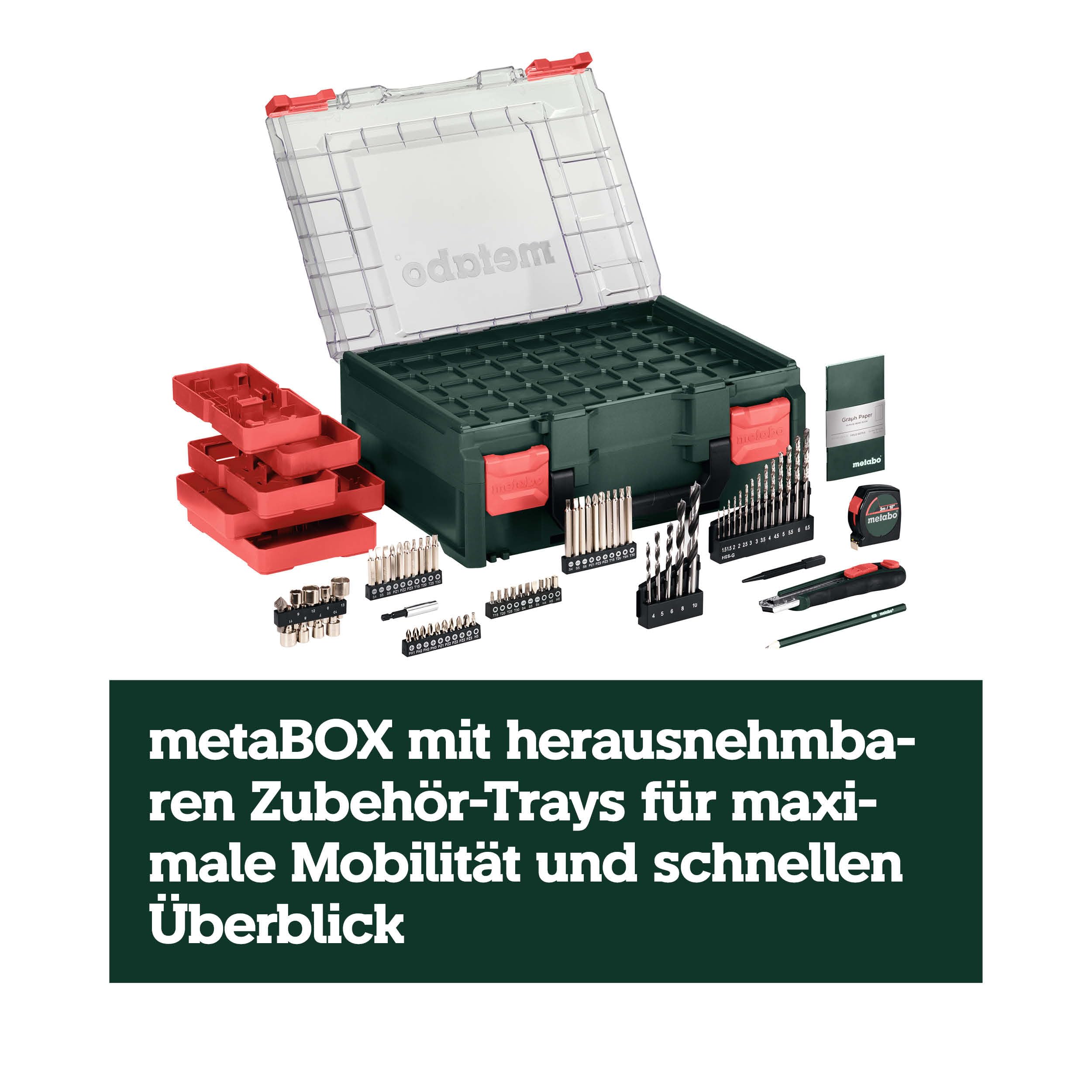 metabo Akku-Bohrschrauber BS 18 Set, 18 V Schrauber, 74-tlg. Zubehör-Set | Mobile Werkstatt im Koffer, inkl. 2 x 2.0 Ah Li-Power Akkus, Ladegerät, LED-Licht, Gürtelhaken, Schnellspannbohrfutter