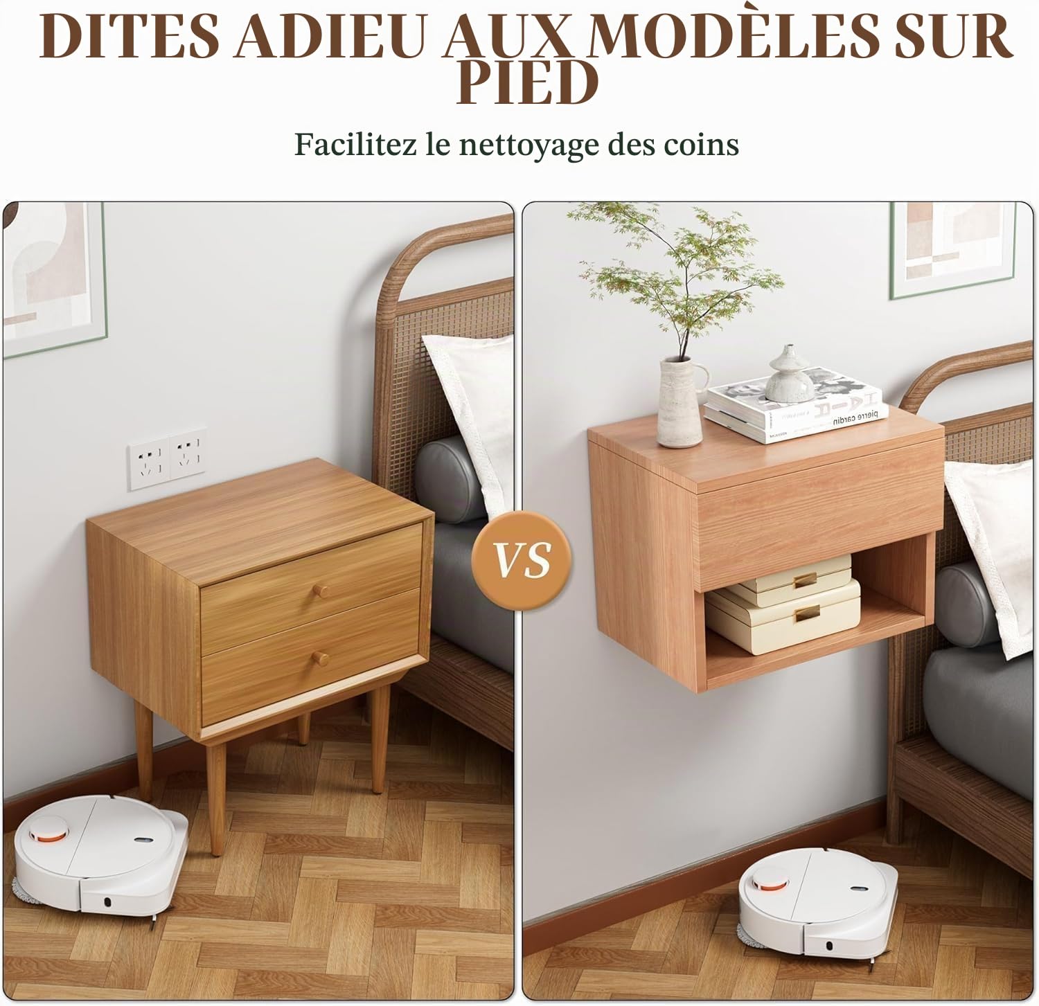 Kiseely Lot de 2 Tables de Chevet murales, Table de Chevet Murale Moderne avec tiroir, étagère de et Bureau en Bois, Table d'appoint en Bois (Hêtre QF1)