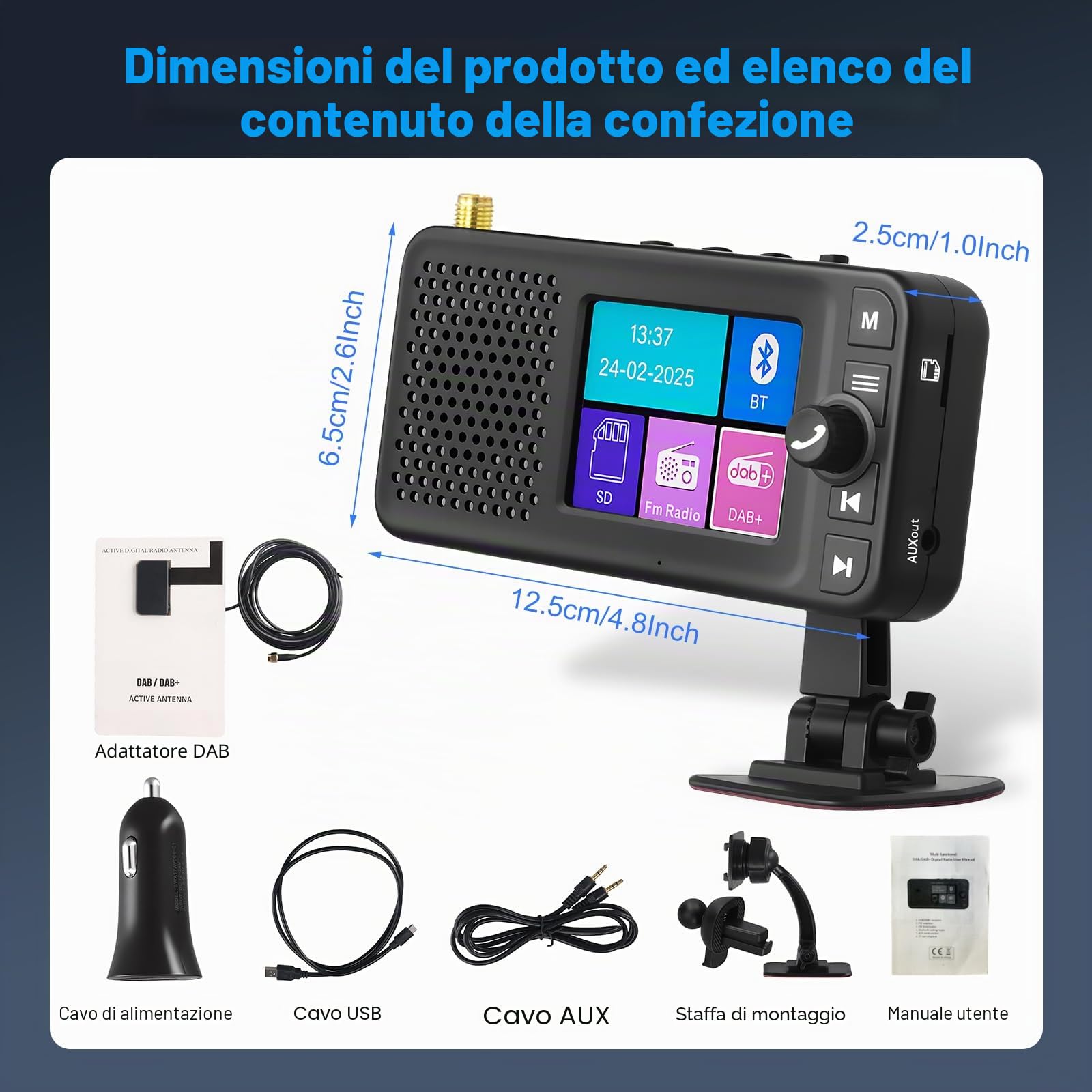 DAB+ Digital Radio Adapter per Autoradio, Motorsi Plug&Play mit 2,4" LCD-Display, Dab Radio per Auto mit Bluetooth, FM Transmitter, TF Karte, AUX, Ausgang, Antenne