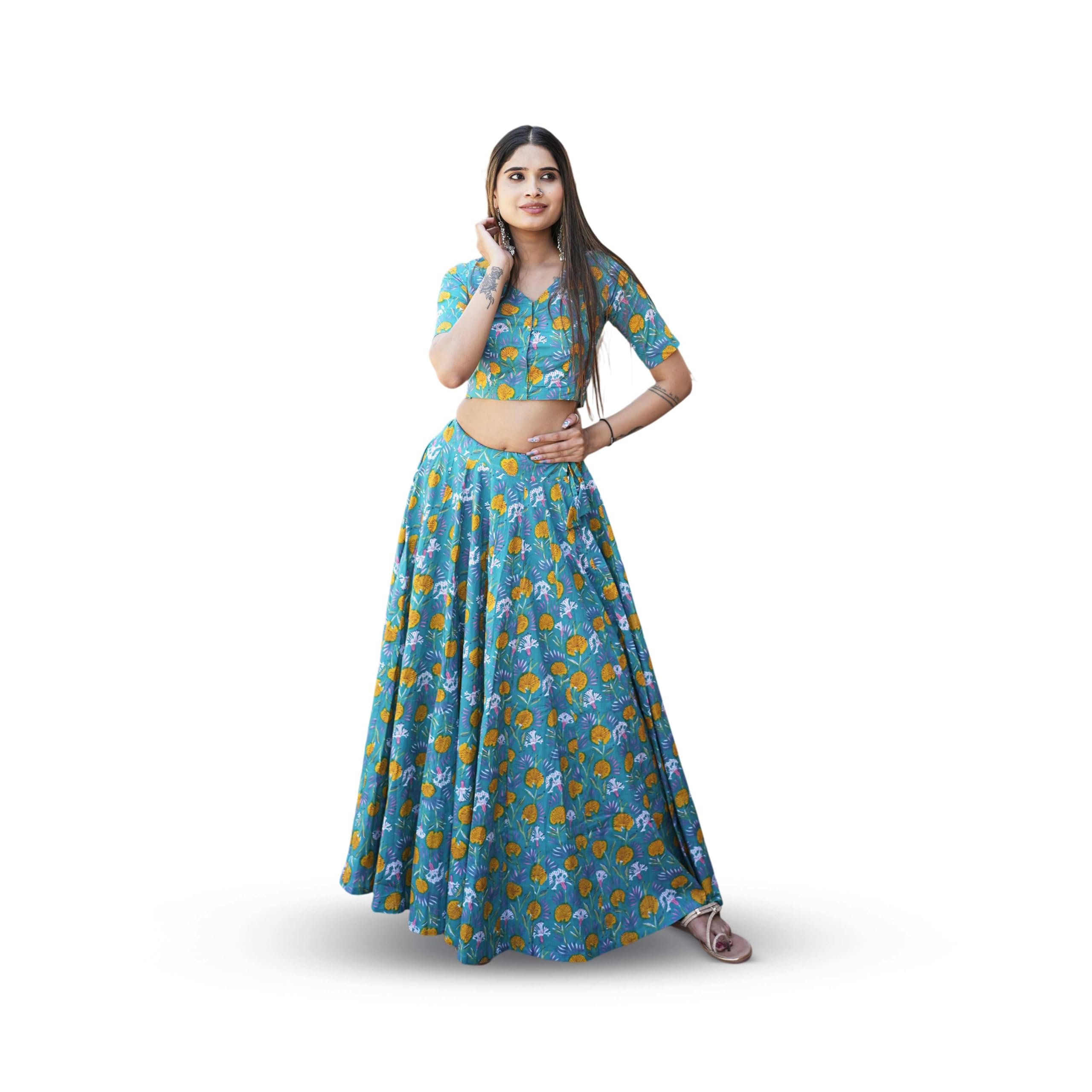 ramya vastram rv Ramya Vastram Women’s Cotton Printed Lehenga Choli Set with Dupatta | Indigo Blue Ethnic Wear | Floral Design Flared Skirt | Stitched Blouse | Festive & Casual Traditional Outfit-picture-40