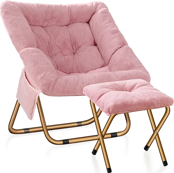 Kasunpul Comfy Saucer Chair, Foldable Living Room Chairs, Soft Faux Fur Lounge Chair for Bedroom, Reading Chairs for Adults, Kids, X-Large (Pink)