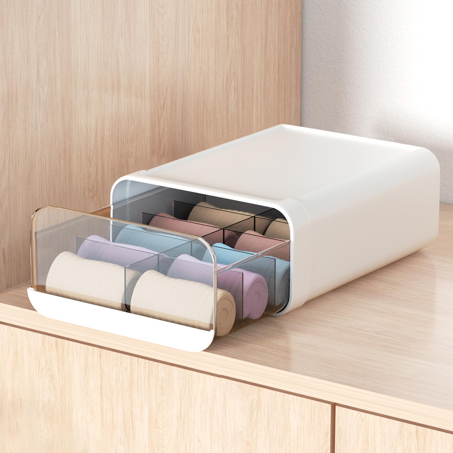 Miaocona Underwear Organizer Drawer, 10 Cells Plastic Sock Underwear Storage Drawer, Stackable Closet Organizers and Storage Box for Bras, Socks, Scarves, Ties, Belt (Queen Size-White, 1 Pcs)