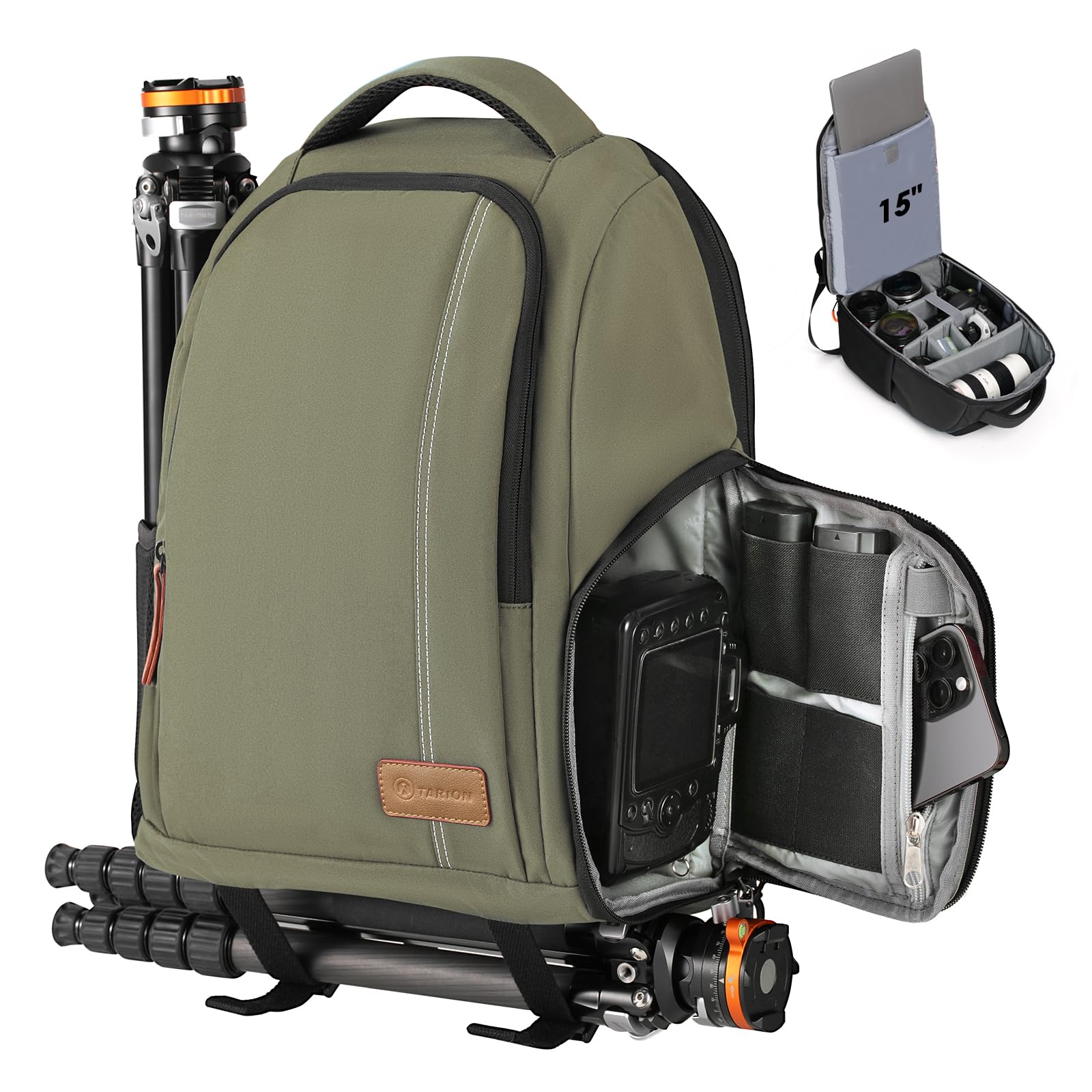TARION Mochila impermeable para cámara de cámara de gran capacidad con compartimento para portátil de 15 pulgadas, cubierta para lluvia, para mujeres, hombres, fotógrafo, lente trípode, color verde