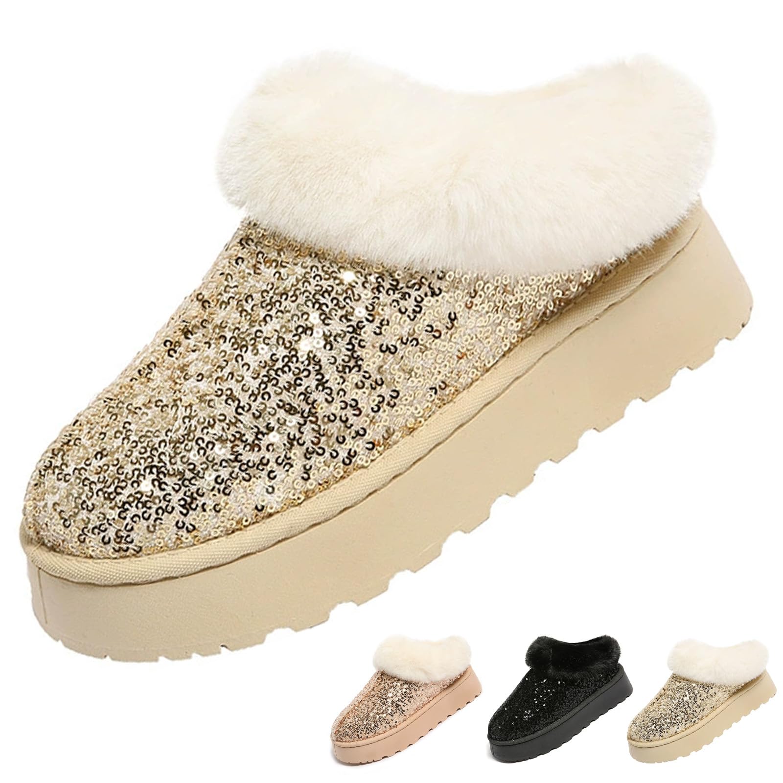 Sequin Boots for Women Glitter Slippers for Women Winter Casual Comfort Warm Fleece Lined Platform Flat Boots
