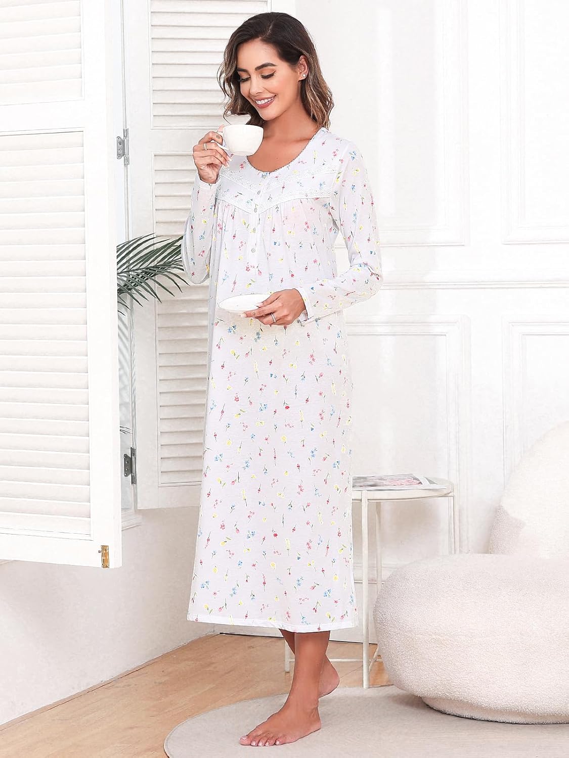 Long Cotton Nightgowns for Women Long Sleeve Night Gowns Women's Sleepwear Full Length Nightdress Soft Loungewear - Image 3