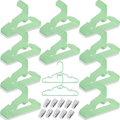 Paquete de 100 perchas de plástico para ropa de bebé con clips para guardería, ganchos para organizador de armario, perchas apilables para recién