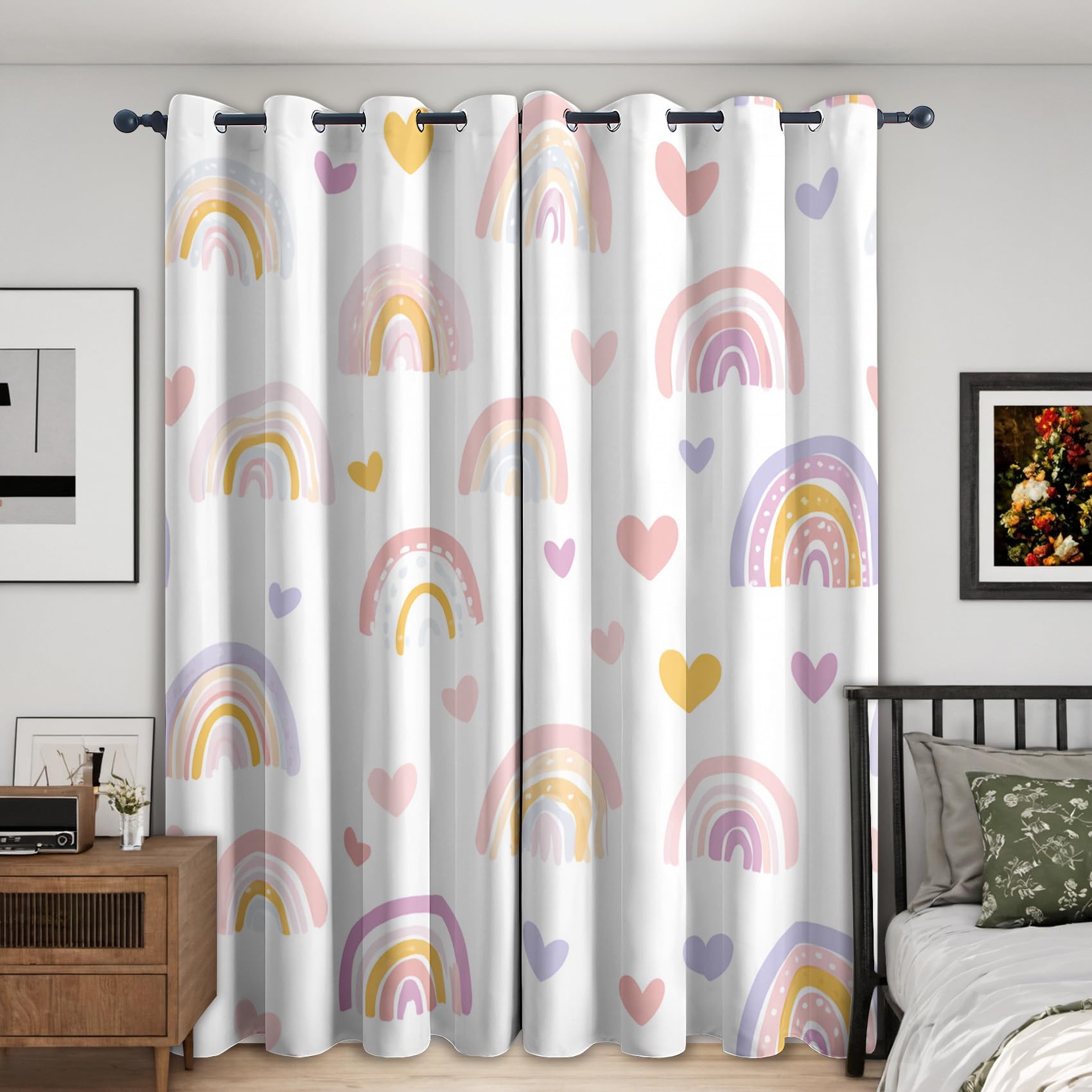 Generisch Herz Regenbogen Gardinen Blickdicht 2er Set, Vorhänge Mädchen Kinderzimmer Motiv mit Ösen, Wohnzimmer Schlafzimmer Deko, Thermovorhang Verdunkelung, H 175 x B 140 - M497
