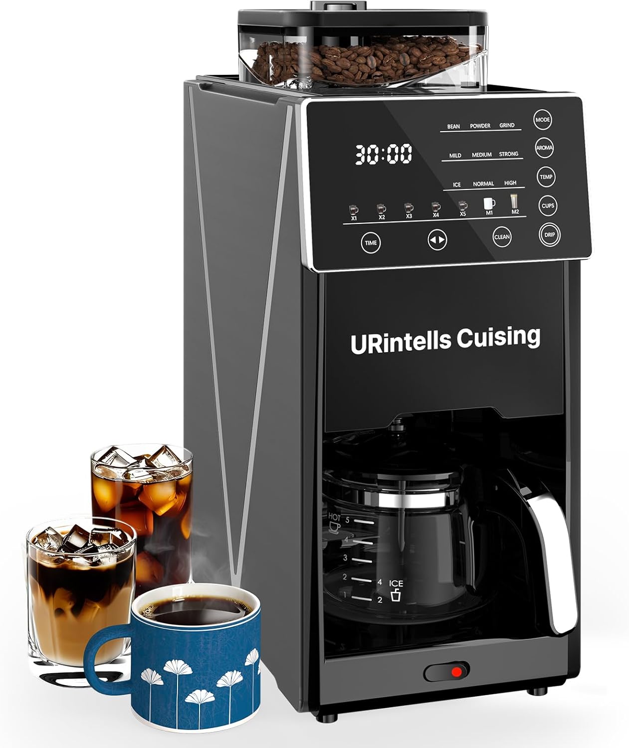 Coffee Maker with Grinder, 22OZ Drip Coffee Maker with 5 Cup Glass Carafe and Removable Filter, Programmable Hot and Cold Bean to Cup Coffee Machine with Timer, Auto Shut Off