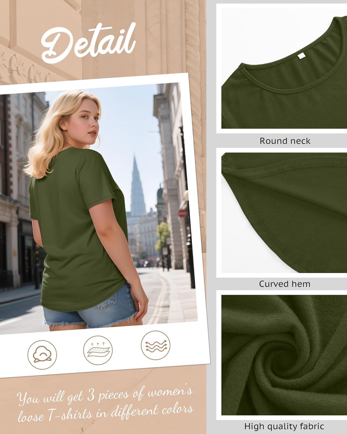 Huukeay 3 Pack Women's Plus Size T Shirts Crew Neck Short Sleeve Tees Curved Hem Loose Fit Summer Casual Baggy Tops - Image 5