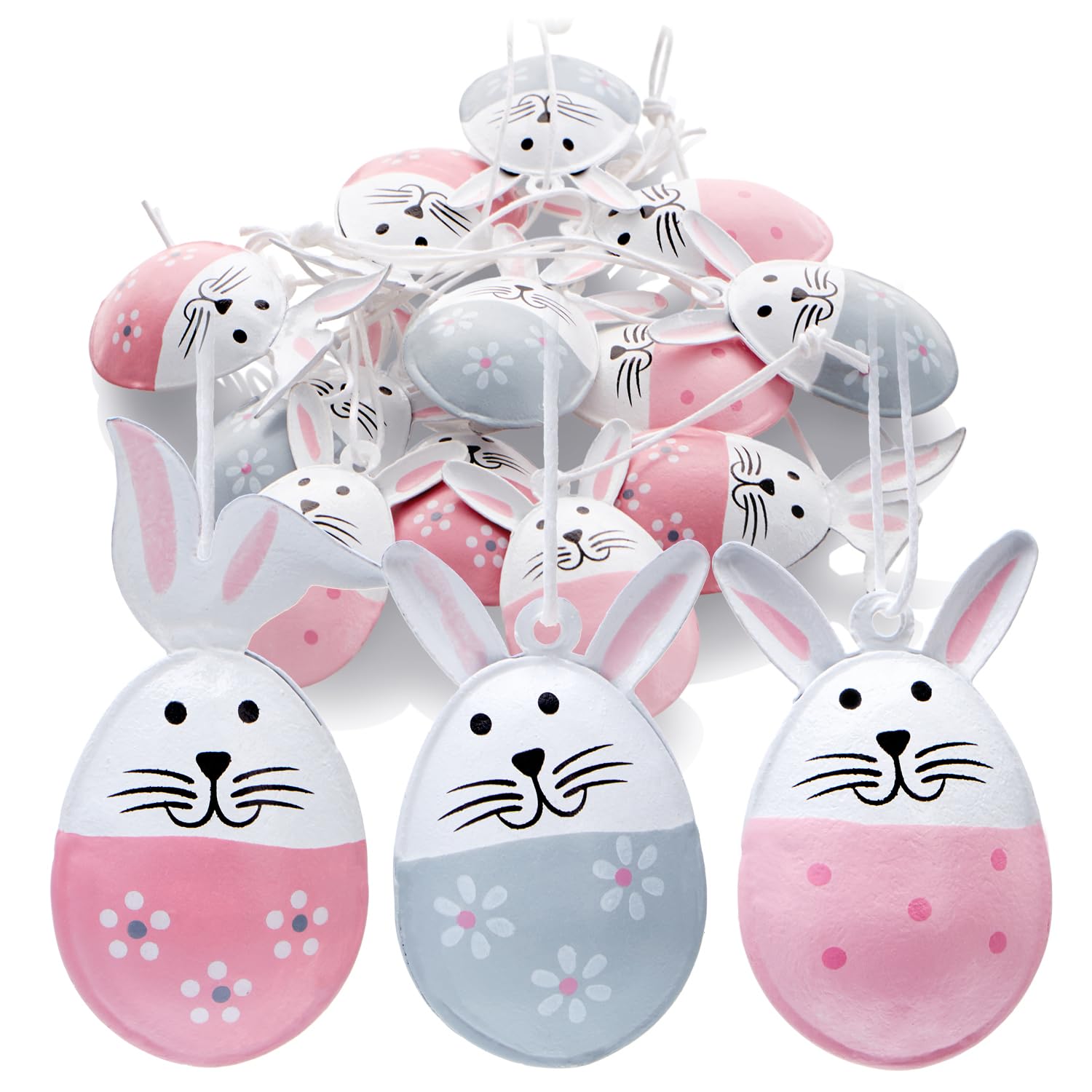 COM-FOUR® 12x Dekoaufhänger Ostern - Osterhase in Ei-Form aus robustem Metall - Osterdeko zum Aufhängen an Strauch, Baum, Tür und Fenster (grau + rosa)