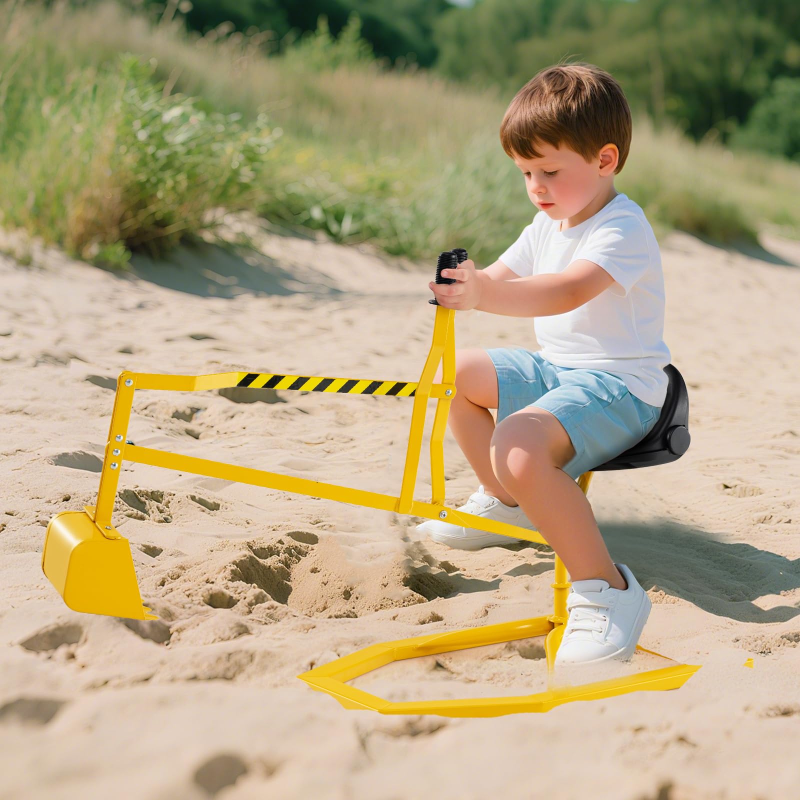 COSTWAY Sitzbagger 360° drehbar, Bagger zum Draufsitzen Metall, Bagger Sandkasten mit Schaufel & 2-Hände-Steuerungen, Aufsitzbagger Sandbagger für Kinder ab 3 Jahren (Gelb)
