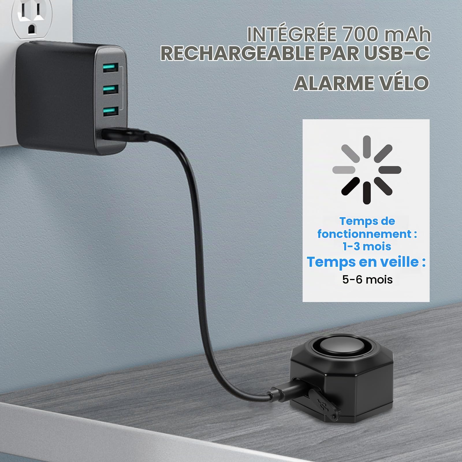 Alarme de Vélo Antivol Moto à Détection de Vibrations, avec Télécommande sans Fil 110 DB, Capteur Vibrations USB-C Wiederaufladbar E-Scooter Alarmanlage, pour Vélo Electrique, Moto, Scooter