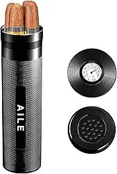 AILE Umidor de aço inoxidável para charutos, caixa de charuto, prata para viagem, tubo para 3 a 4 charutos, caixa de charutos portátil, higrômetro de charuto, ótimo presente para o amante (preto)