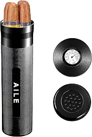 AILE Umidor de aço inoxidável para charutos, caixa de charuto, prata para viagem, tubo para 3 a 4 charutos, caixa de charutos portátil, higrômetro de charuto, ótimo presente para o amante (preto)