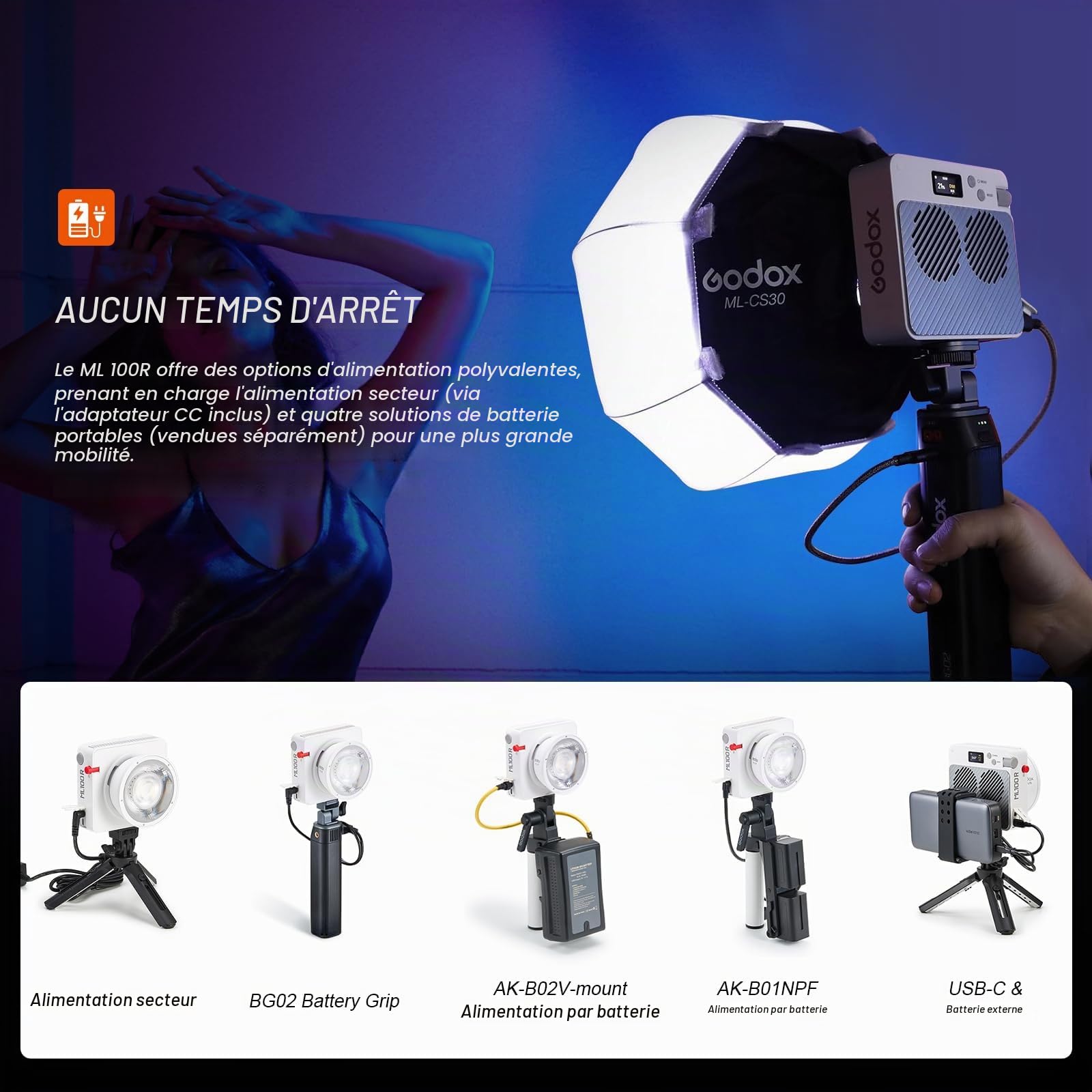 Godox ML100R Éclairage Vidéo LED RGB Video Light 110W 1800K-10000K Éclairage Vidéo Couleur CRI 95+/TLCI 95+ Contrôle via Application Recharge USB-C 14 Effets FX pour le Streaming en Direct Photographi