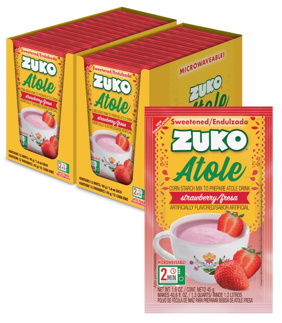 Zuko Atole Strawberry Instant Corn Starch Mix | Fortified with Vitamins | Just Add Hot Water | Microwaveable In Only 2 Minutes | 1.6 Ounce (Pack of 24)