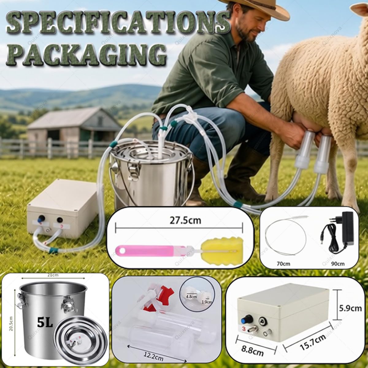 Mungitrice elettrica automatica portatile per capre, mucche e pecore – Attrezzatura a pulsazione sottovuoto con 2 tettarelle e secchio in acciaio inox (3L/5L) per piccole aziende agricole Goat-5L