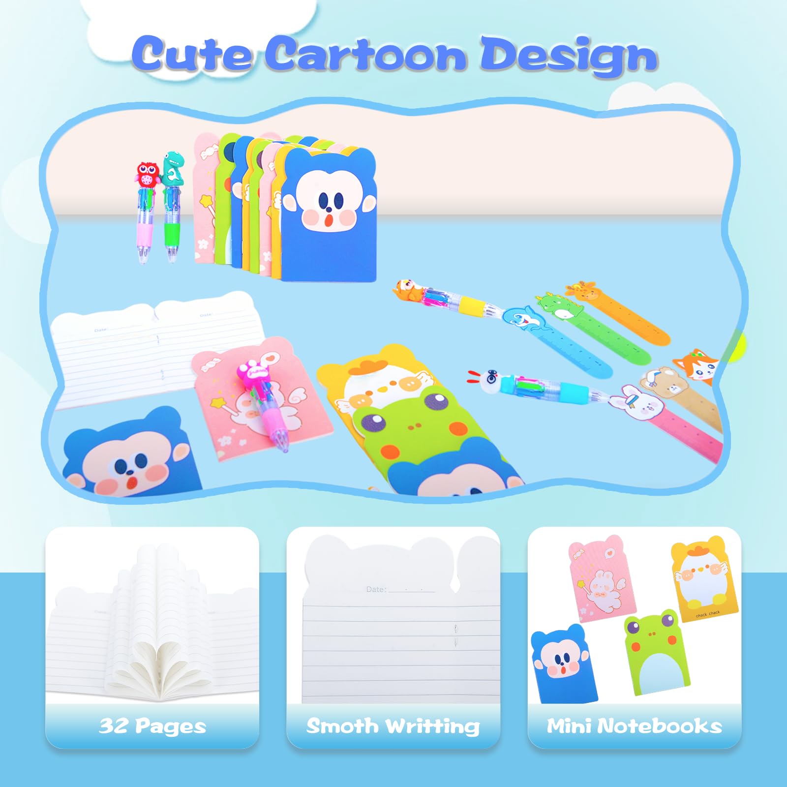 Confezione di cancelleria per feste, confezione da 24 sacchetti di cancelleria con animali dei cartoni animati, sacchetti per regali di compleanno con penna multicolore, mini quaderni per