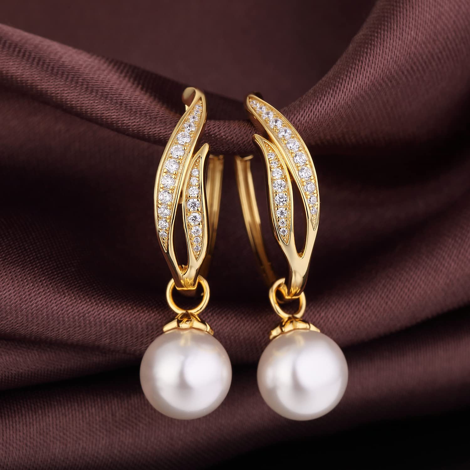 Perlenohrringe 18K Weißgold Plattiert 925 Sterling Silber Creolen mit Weiß Perlen Hypoallergene, Perle 8mm-10mm Edler Schmuck für Damen