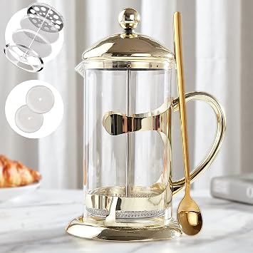 DUJUST Gold French Press Coffee Maker, Luxury Design French Coffee Press with 4-Level Filter System, High-Grade Glass for Hot & Cold Resistance, Include Long Size 304 Stainless Steel Spoon - 34oz