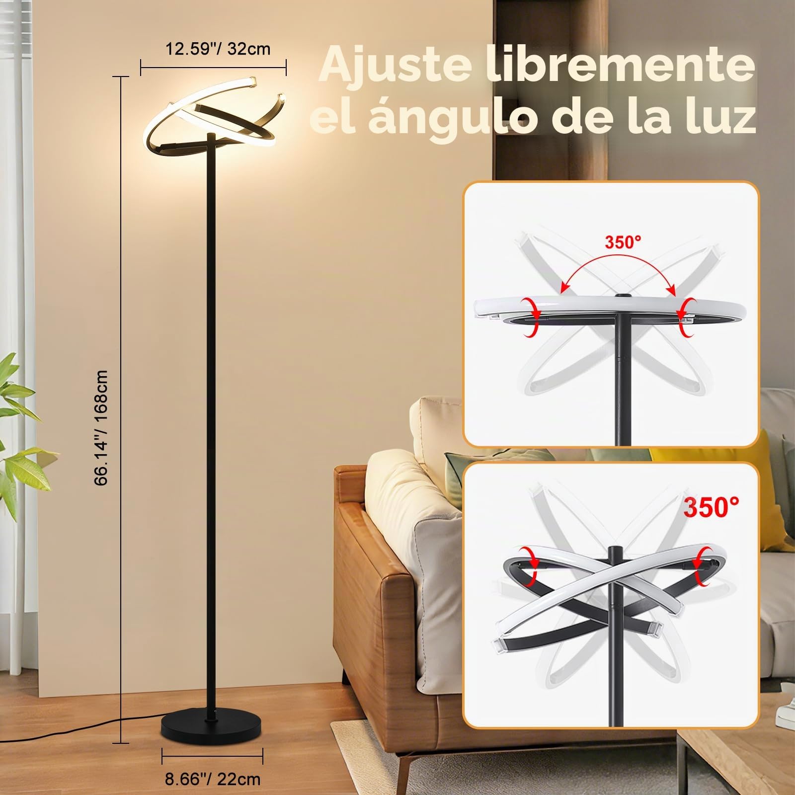 Lampara de Pie Moderna con Atenuación Continua 3000K-6500K Lámpara de Pie con Mando a Distancia y Interruptor de Pie 168cm Lamparas de Pie para Salon 3 Colores Diseño Ajustable 180°