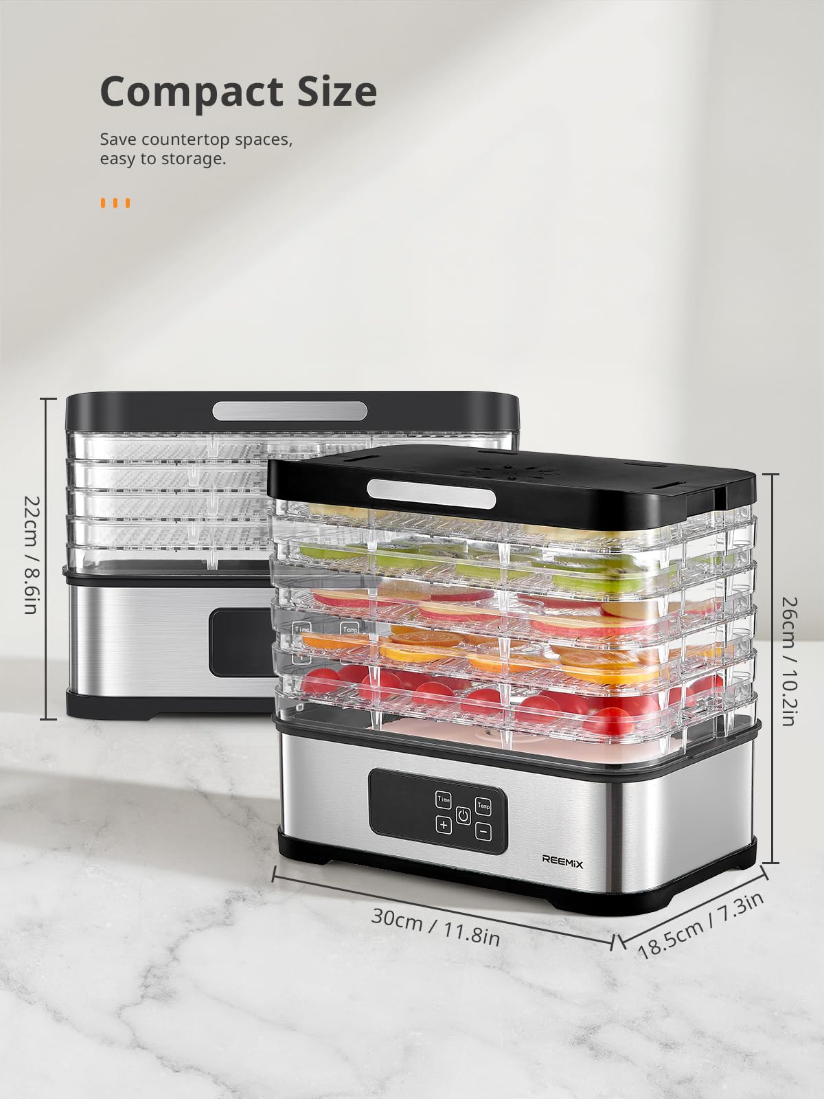 Dörrautomat mit 5 Etagen, Edelstahl-Basis, Digitaler Touch-Display für Präzise Temperatur & Zeitsteuerung, Kompakter Obsttrockner für Dörrfleisch, Obst, Gemüse und Kräuter (White)