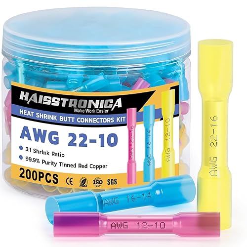 Miniatura 11 de haisstronica 120 conectores de tope termocontraíbles amarillos de 12-10 Awg, cobre rojo estañado, 0.039 in, conectores de alambre de crimpado