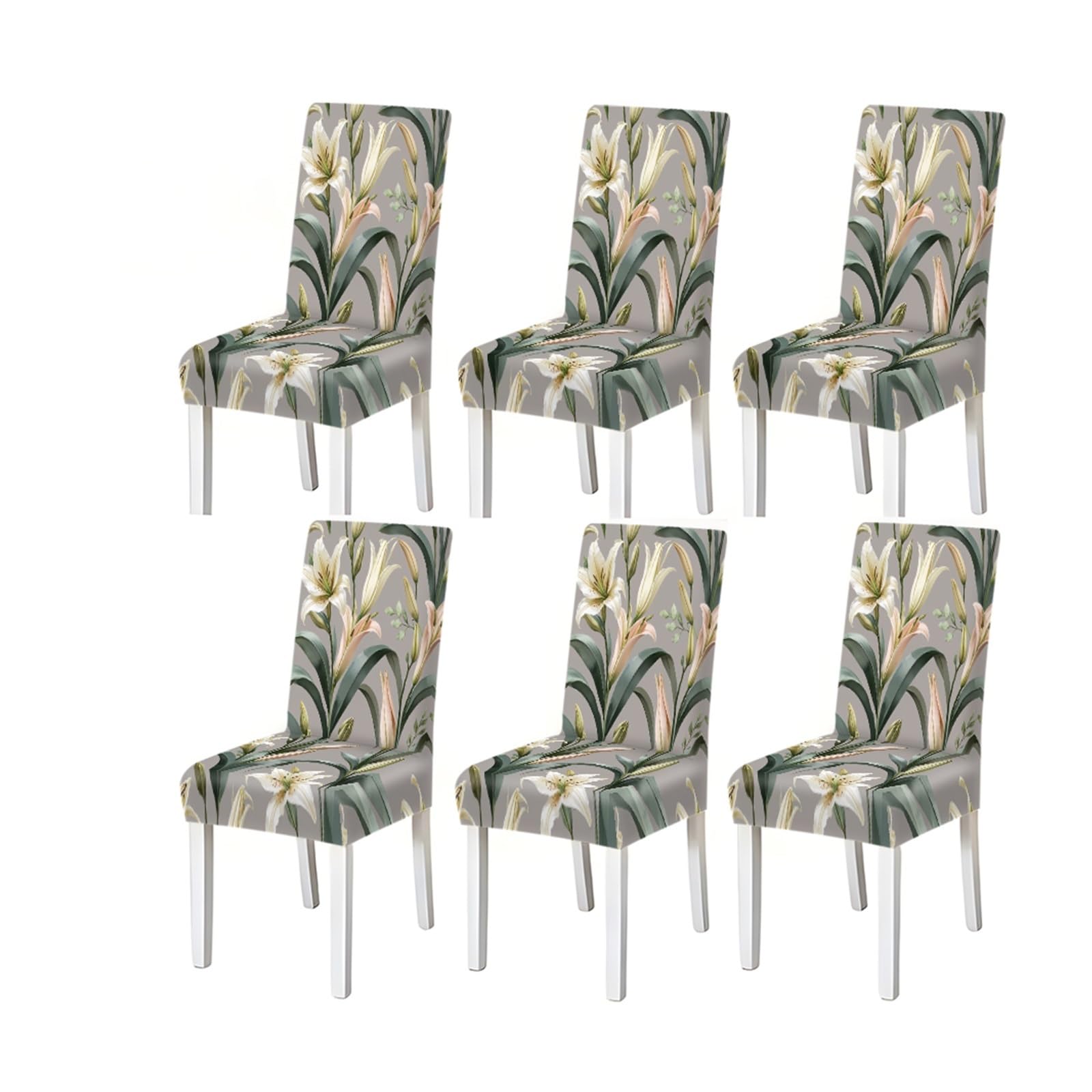 BOSUYBN Elegant White Pink Lily Floral Print Stretch Dining Chair Covers, 2/4/6 PCS For Home Kitchen Party Furniture Protectors for Home Dining Room(6PCSChair cover)