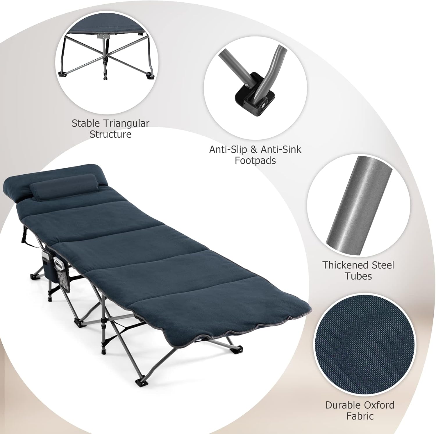 Tangkula Camping Cot for Adults, Folding Sleeping Cot with Removable Mattress, Pillow, Side Pocket, Portable Indoor Outdoor Cot Bed with Carry Bags for Travel, Camp, Office, Home (Blue)