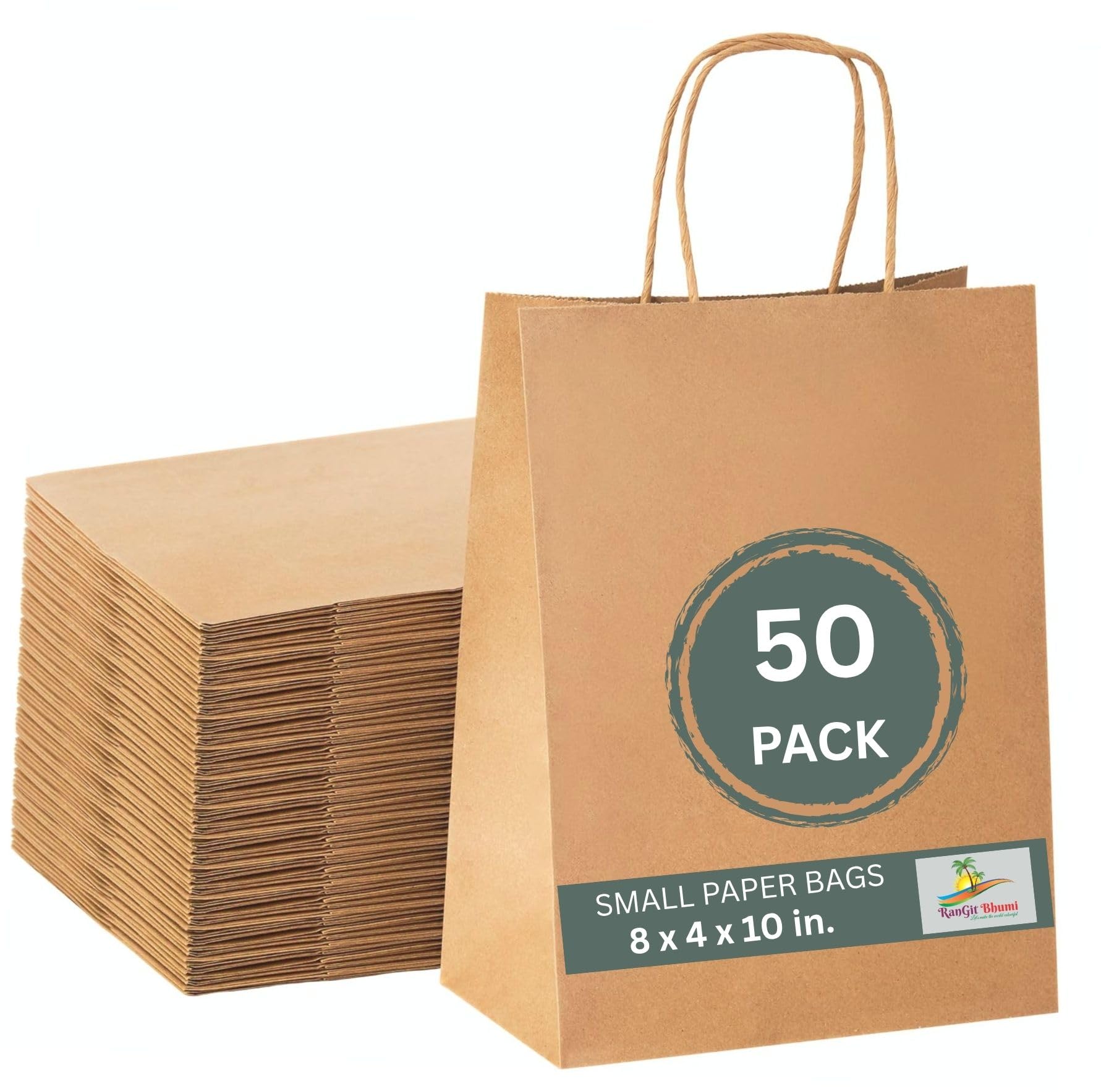 Brown Kraft Paper Bags with Handles- 50pcs 8"x10"x4" Small size Bags, Return Gift Craft Paper carry Bag for Shopping Retail Merchandise - Disposable
