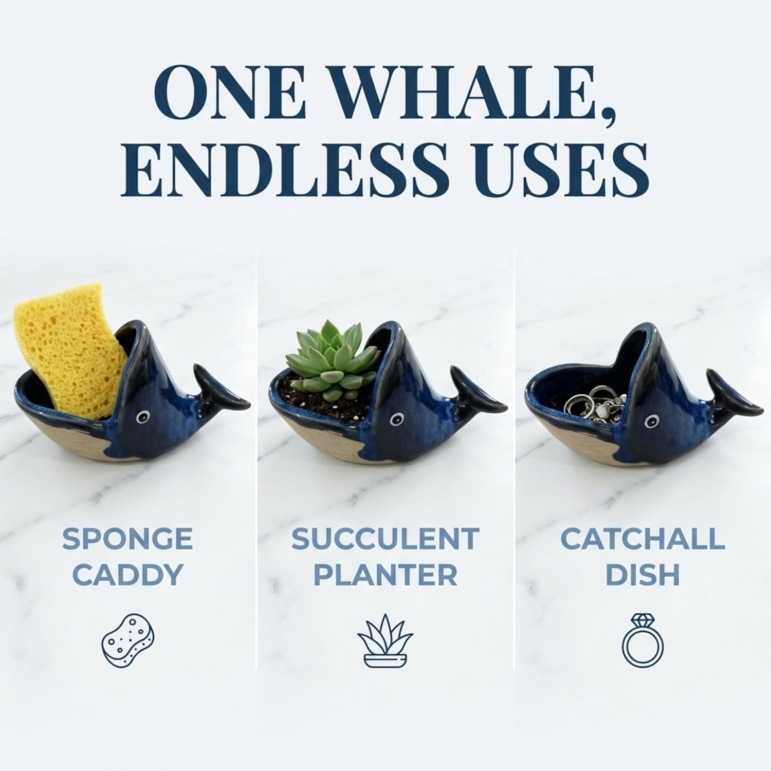 The Bridge Collection Blue Whale Sponge Holder for Beach Decor | Hand-Painted Porcelain Nautical Blue Fish Design with Open Mouth for Kitchen Sponge, Soap Holder or Plant