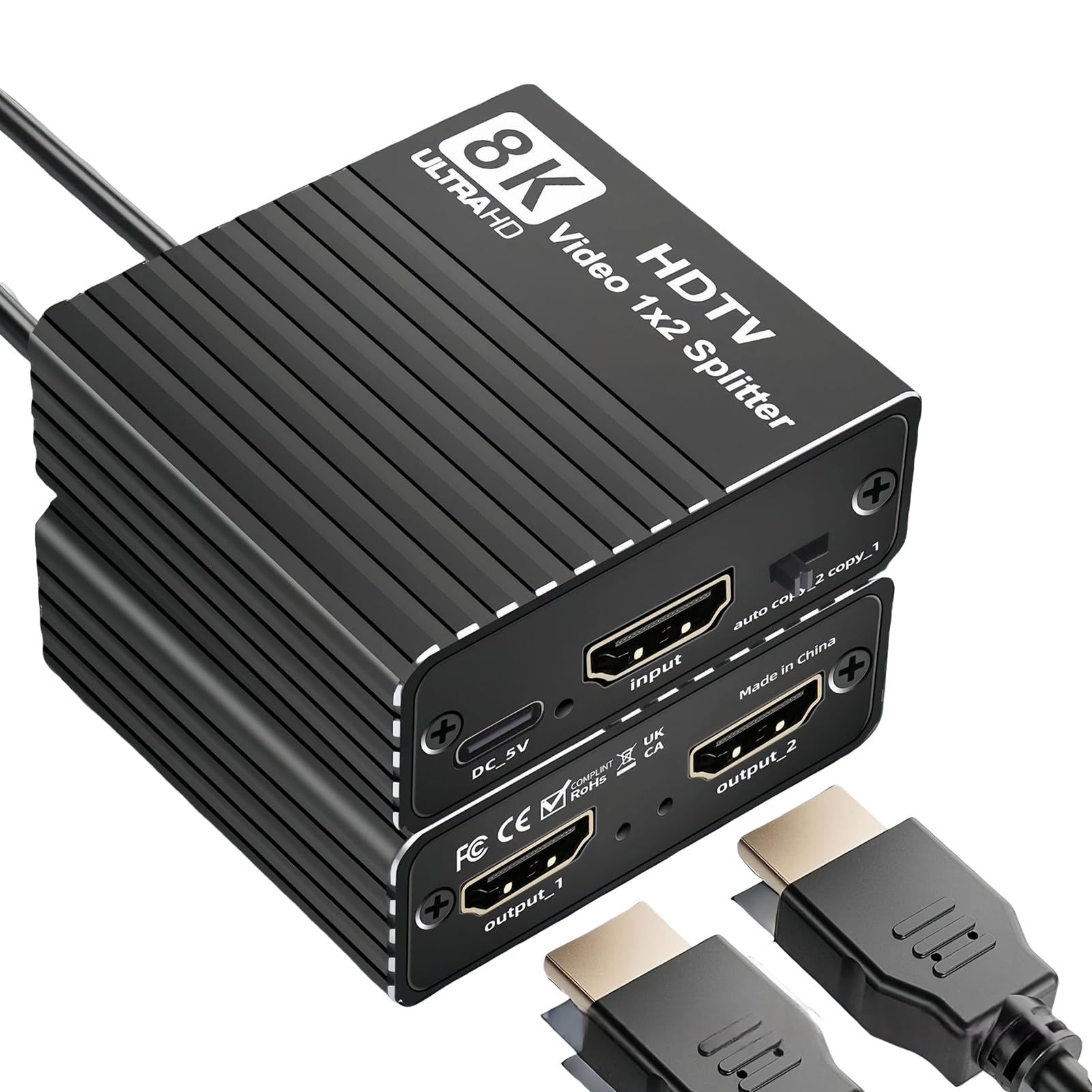 VBESTLIFE 8K HDMI Splitter, 1 in 2 Out 8K 60Hz 4K 120Hz 1080P 240Hz, with EDID and 3D Function, for Set Top Boxes Desktops Laptops