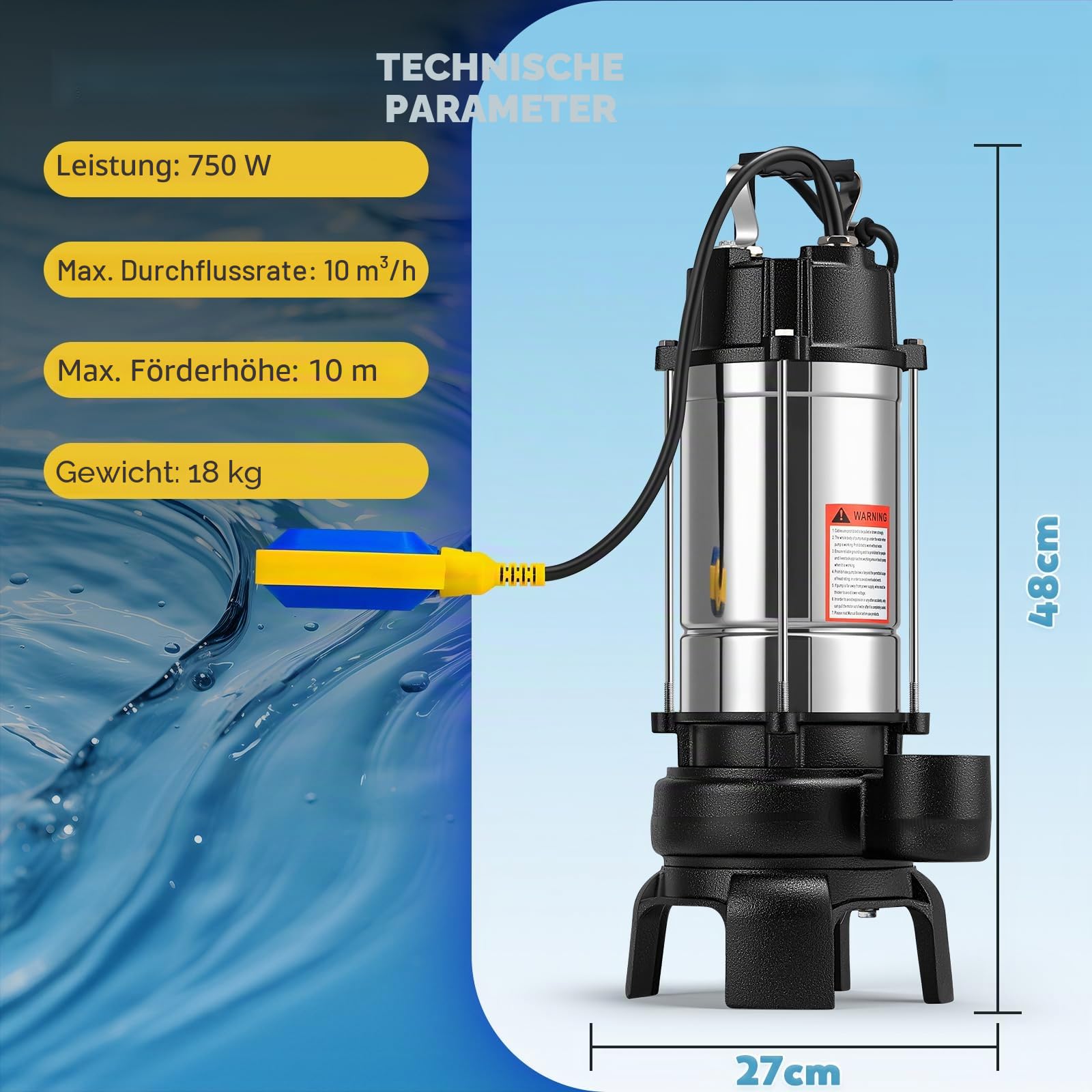 Moongiantgo Schmutzwassertauchpumpe 750W, 10m³/h Förderleistung, 10m Förderhöhe, 40mm Auslass, mit Schneidklinge & Schwimmerschalter, Edelstahl für Faserhaltiges Abwasser, Gärten, Kellereien (750W)